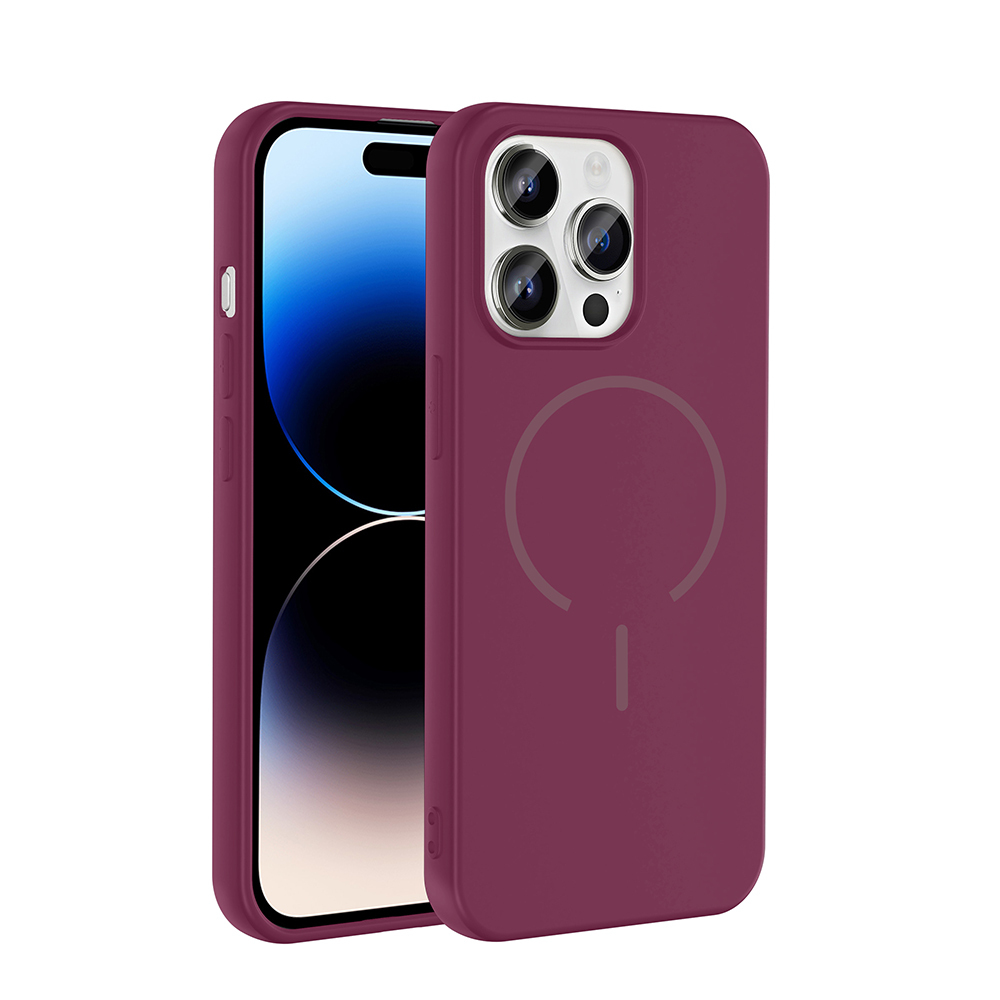 Üç kameralı ve dairesel işaretli mor iPhone kılıfı.