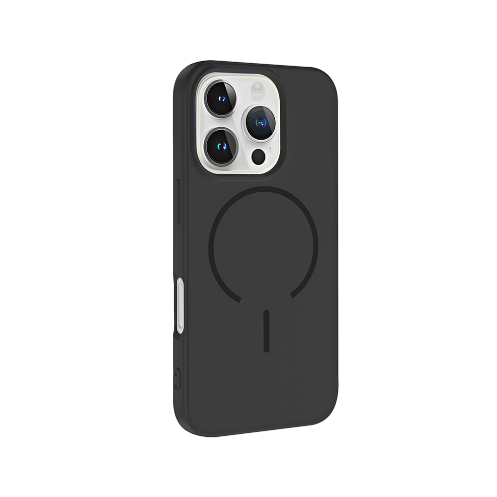 Üç kamera lensli ve arkasında manyetik halka bulunan siyah telefon kılıfı.