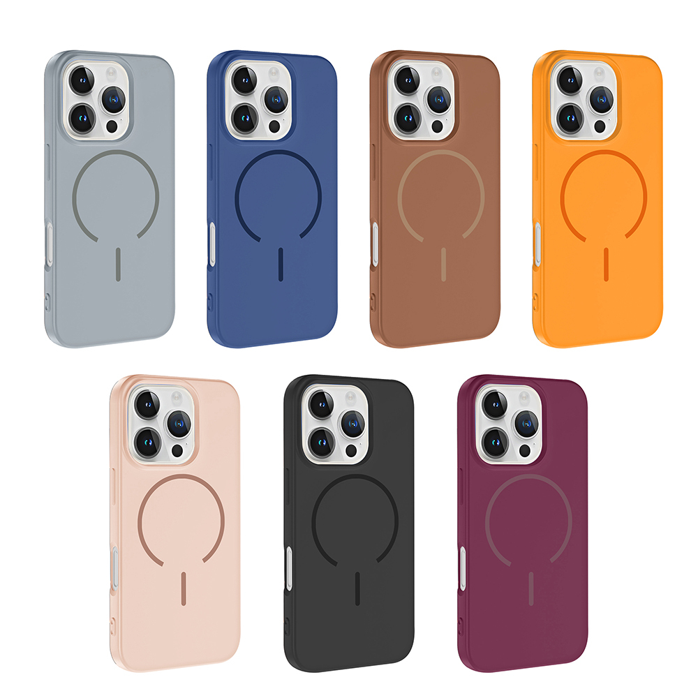 Çeşitli renklerde yedi iPhone kılıfı: gri, mavi, kahverengi, turuncu, pembe, siyah, mor.