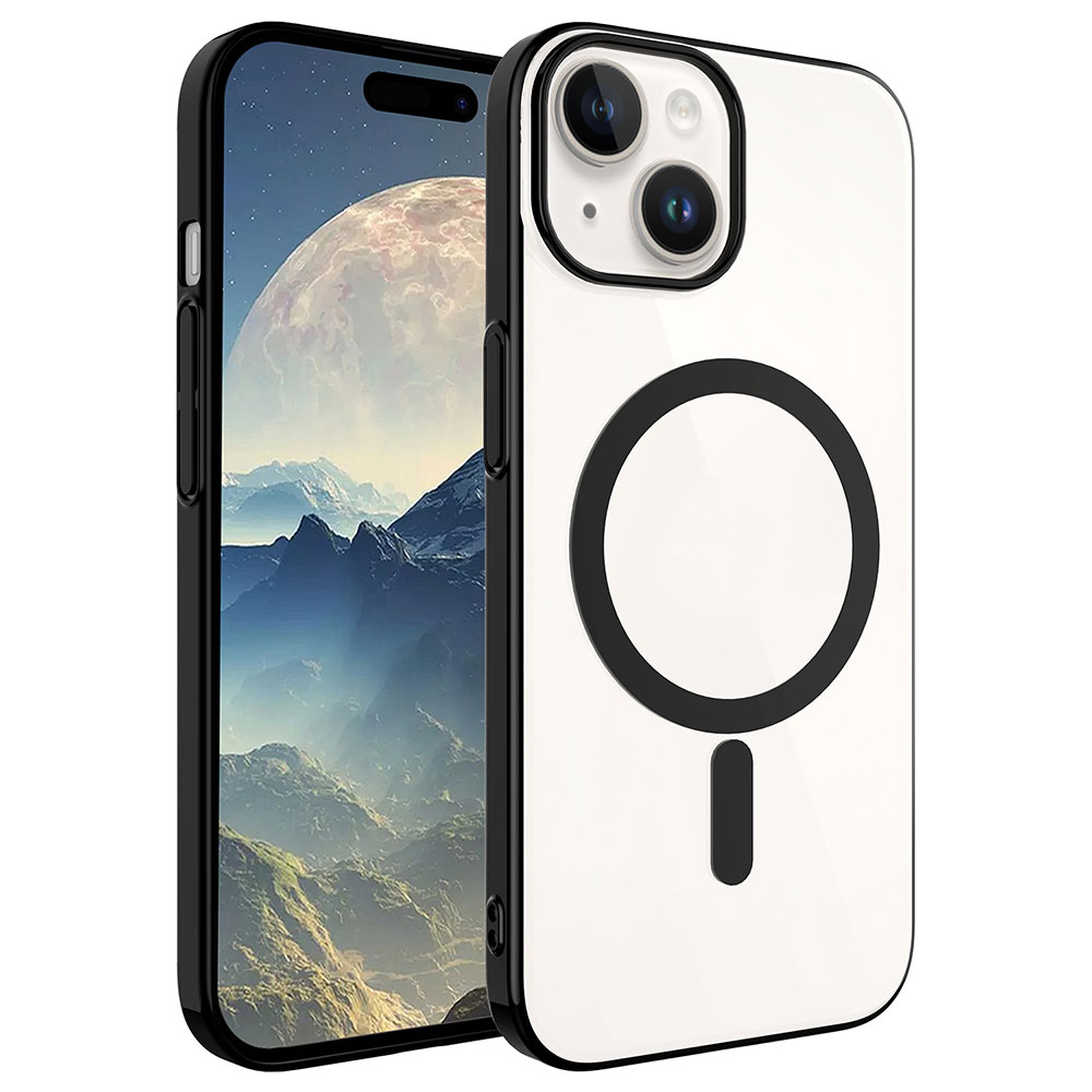 Ekranında dağ manzarası olan, siyah manyetik halkalı beyaz iPhone.