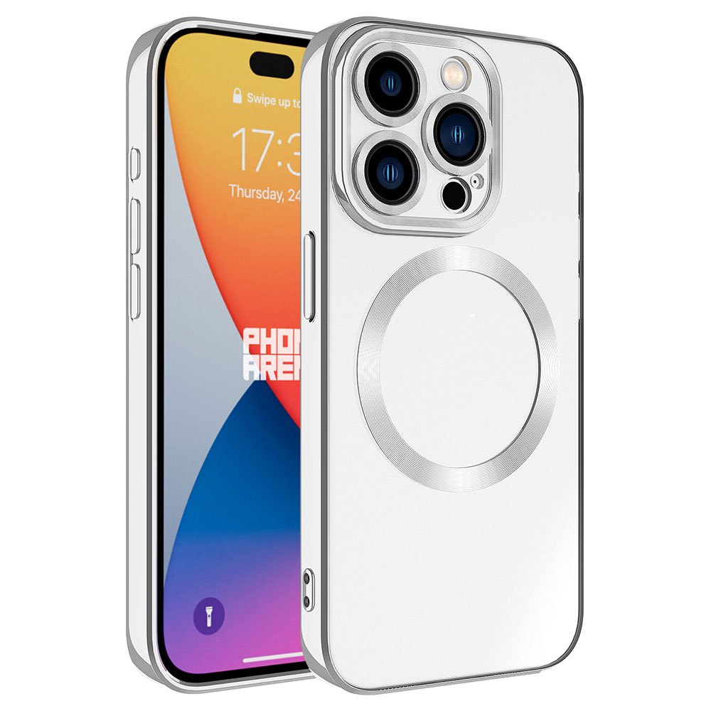 Beyaz arka plan üzerinde gümüş kenarlı şeffaf iPhone kılıfı.