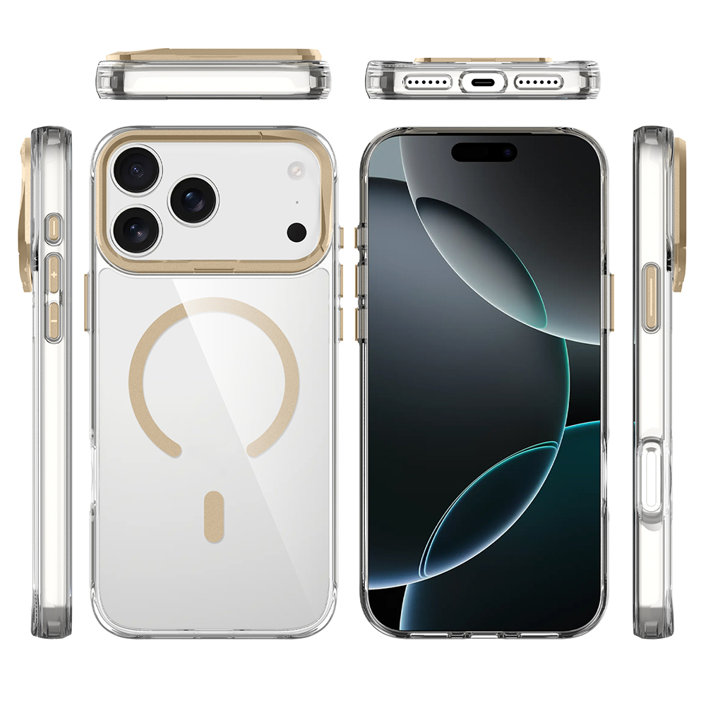 Şeffaf ve altın iPhone kılıfı, çoklu görünümler, kameralar ve MagSafe logosu.