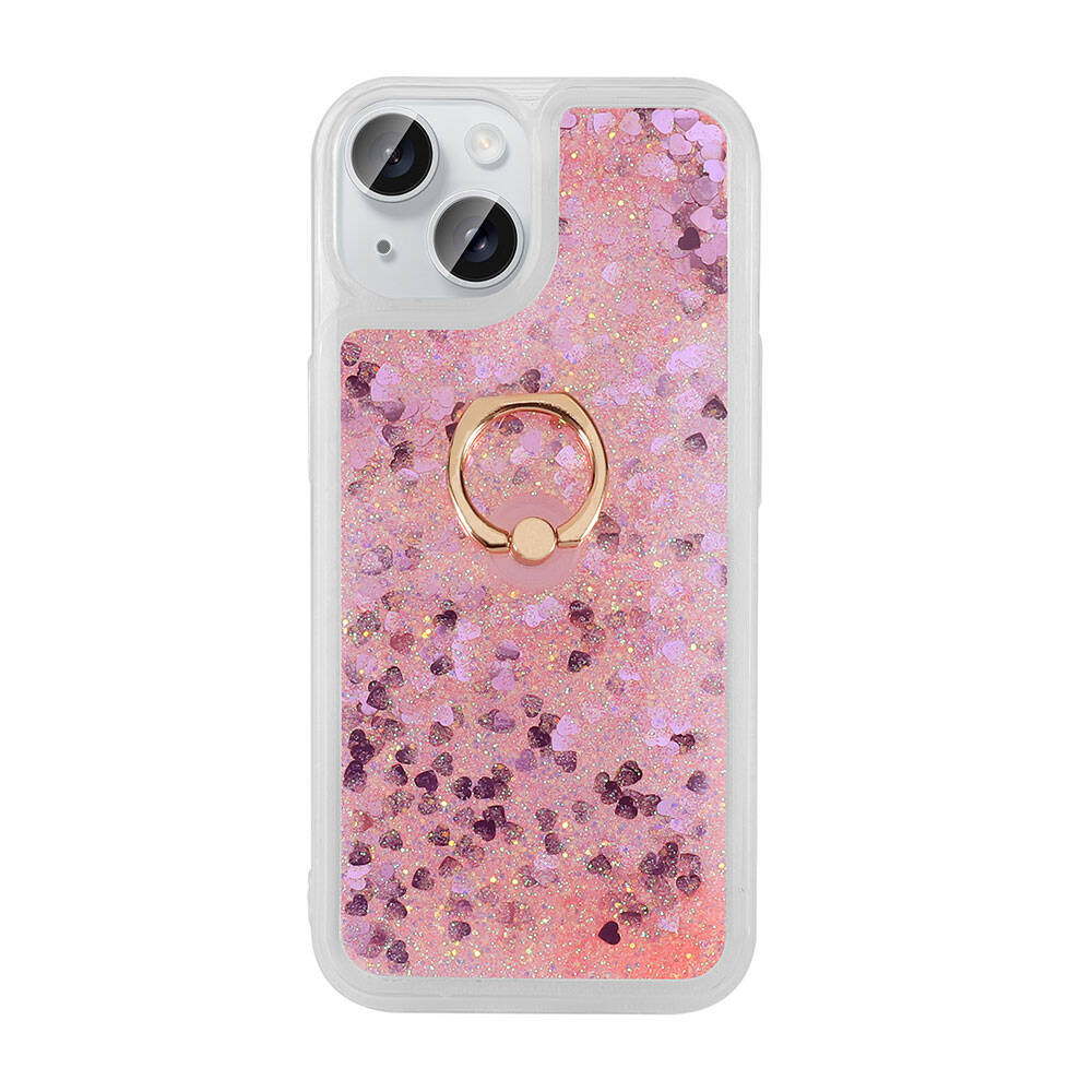 Sim, kalp ve halka tutuculu pembe telefon kılıfı.