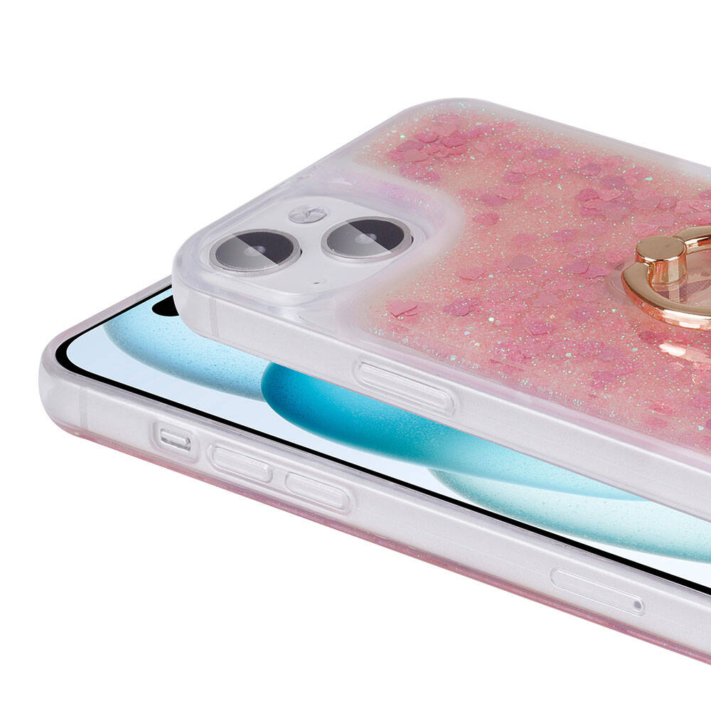 Telefon üzerinde pembe simli ve halka tutuculu şeffaf kılıf.