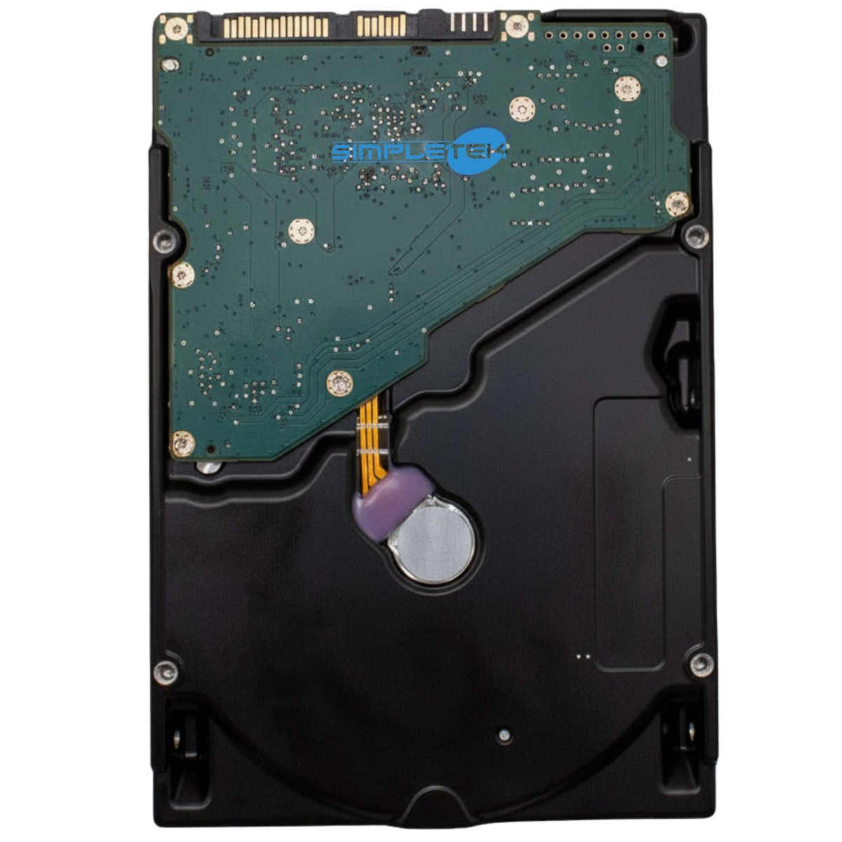 Hard drive viewed from bottom, showing green circuit board and connectors.