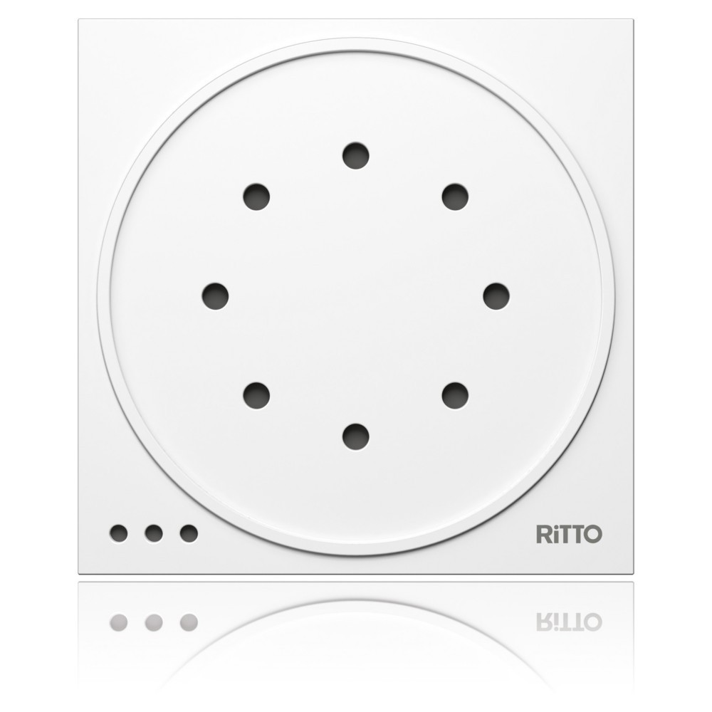 Un dispositivo bianco e quadrato con un motivo circolare di sette punti scuri.