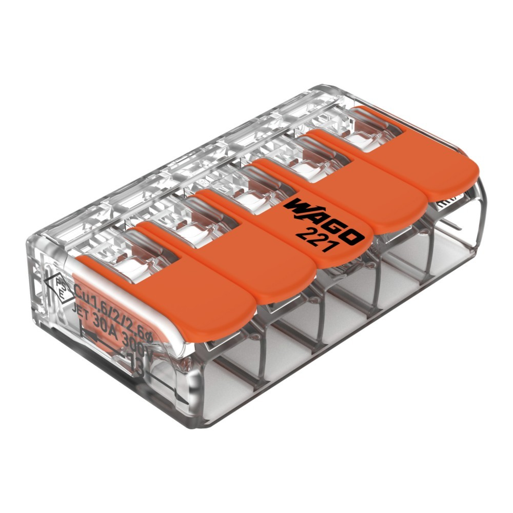 WAGO 221 Verbinder mit orangen Hebeln und klarem Gehäuse, zeigt Cu-Spezifikationen.