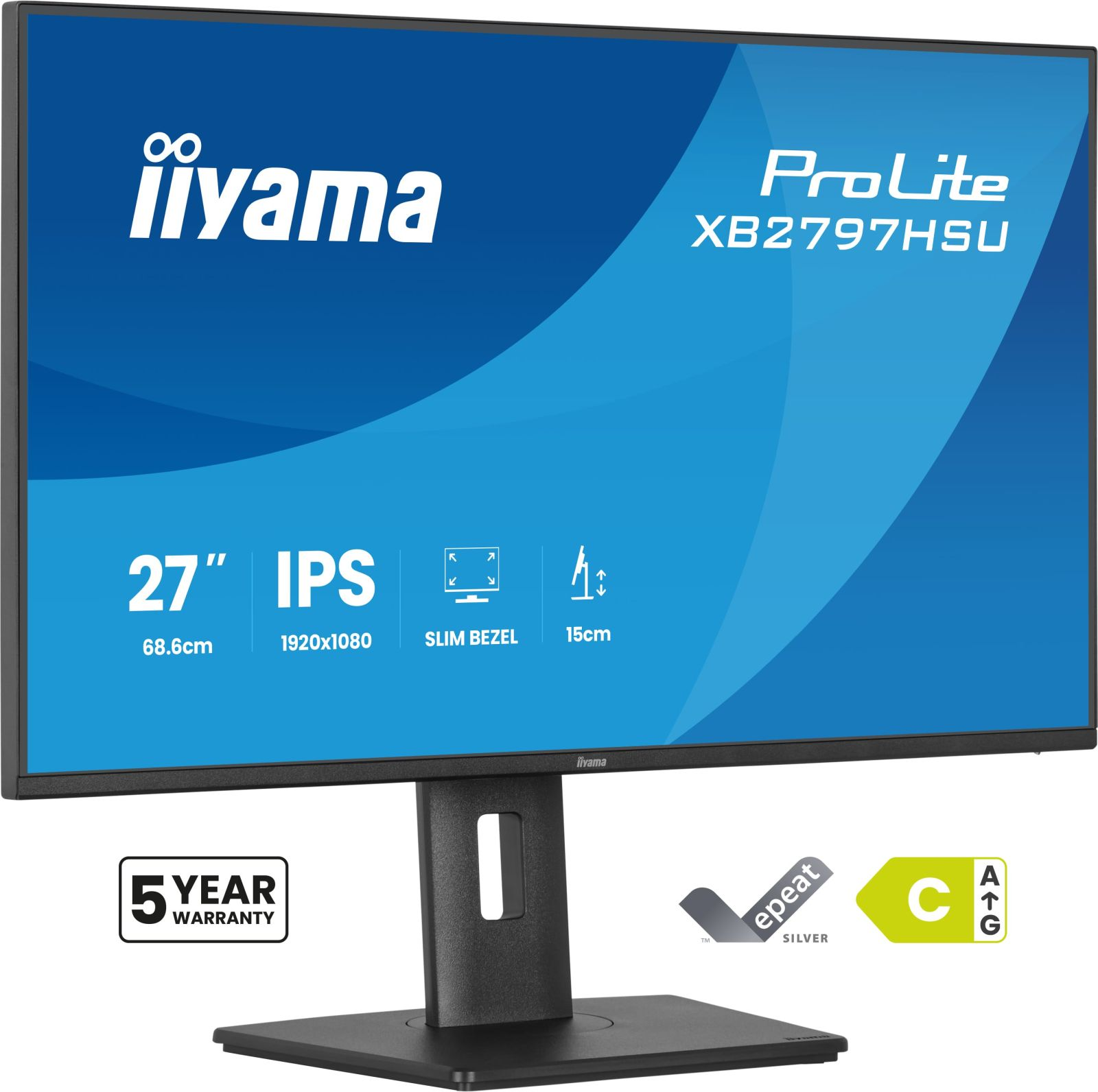 Een 27-inch Iiyama IPS monitor met slanke rand en 5 jaar garantie.