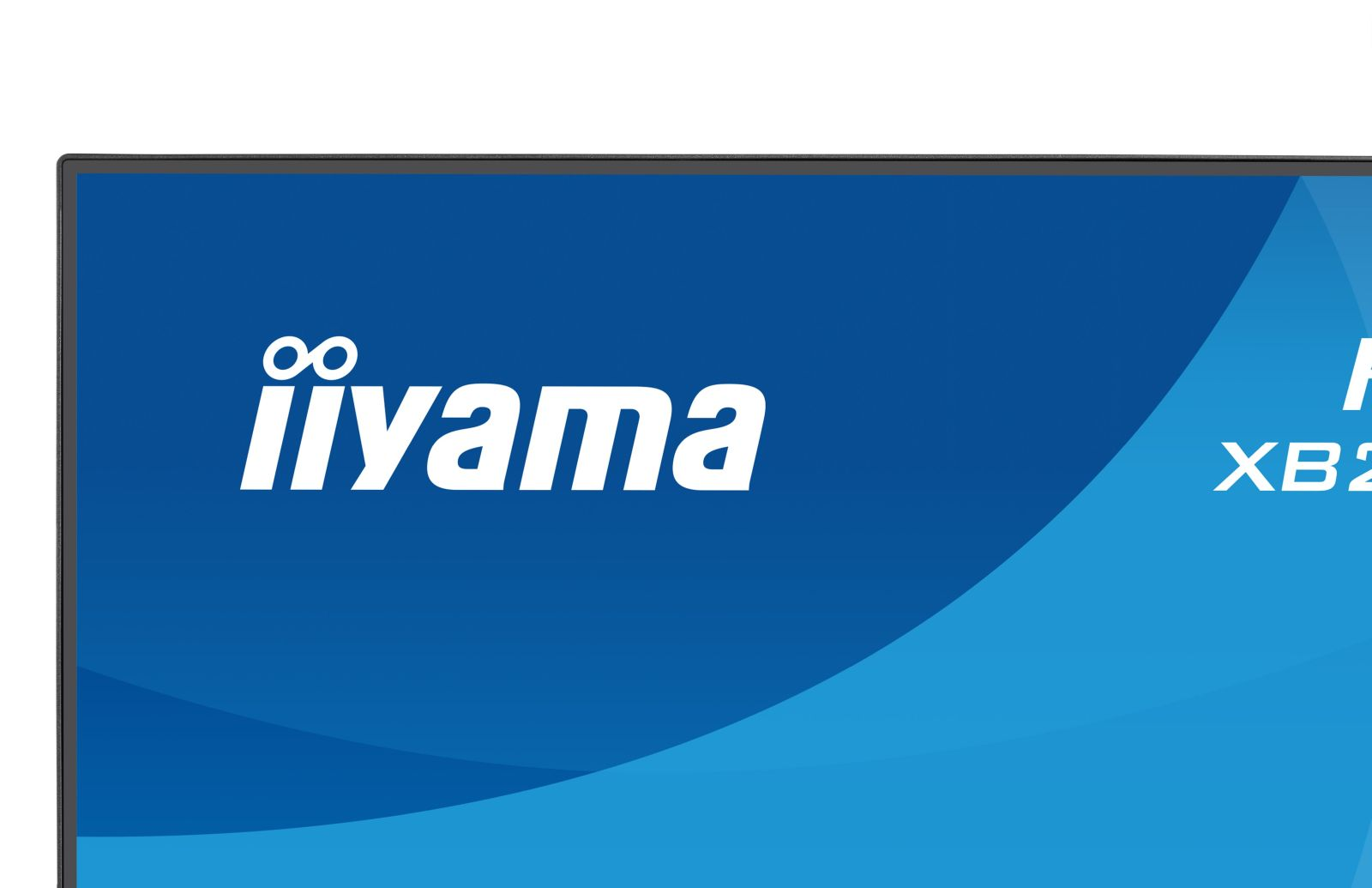 Iiyama logo en XB2 tekst op blauwe achtergrond met abstracte vormen.
