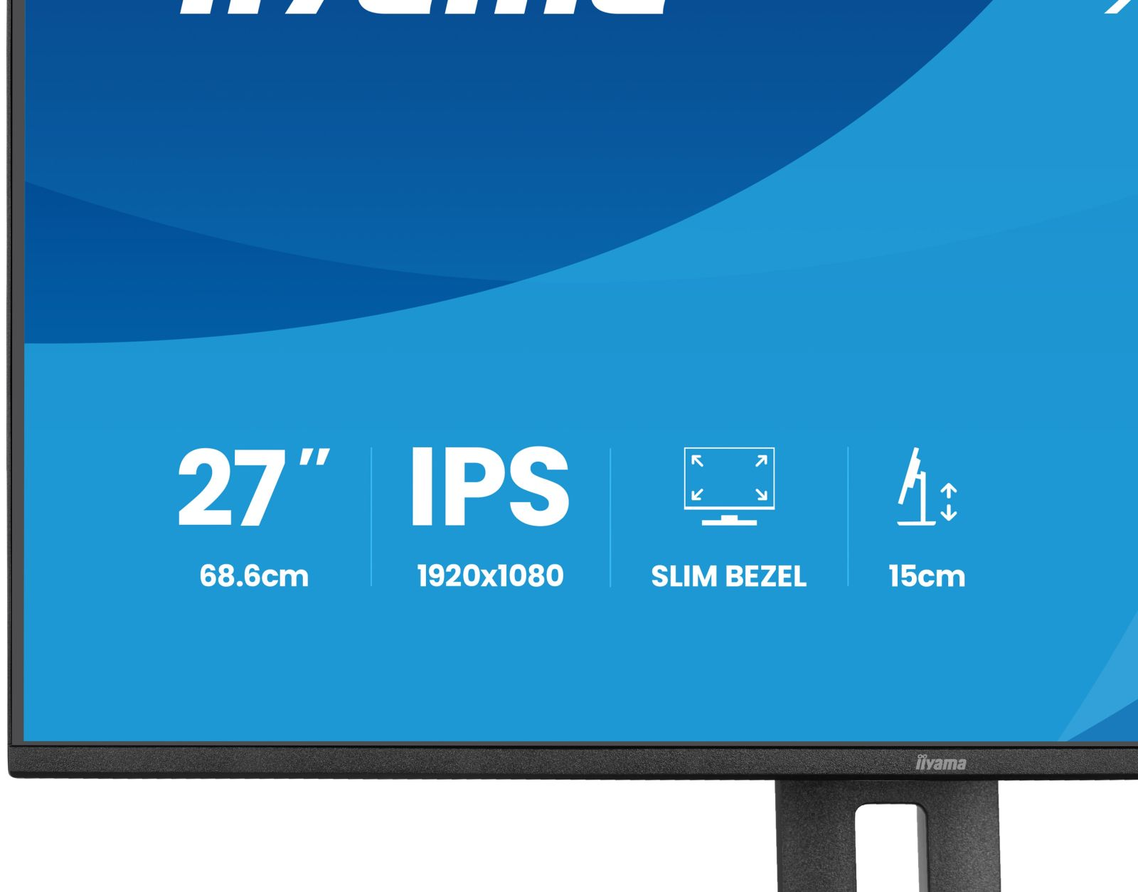 27" IPS monitor met 1920x1080 resolutie, smalle rand en 15cm hoogteverstelling.