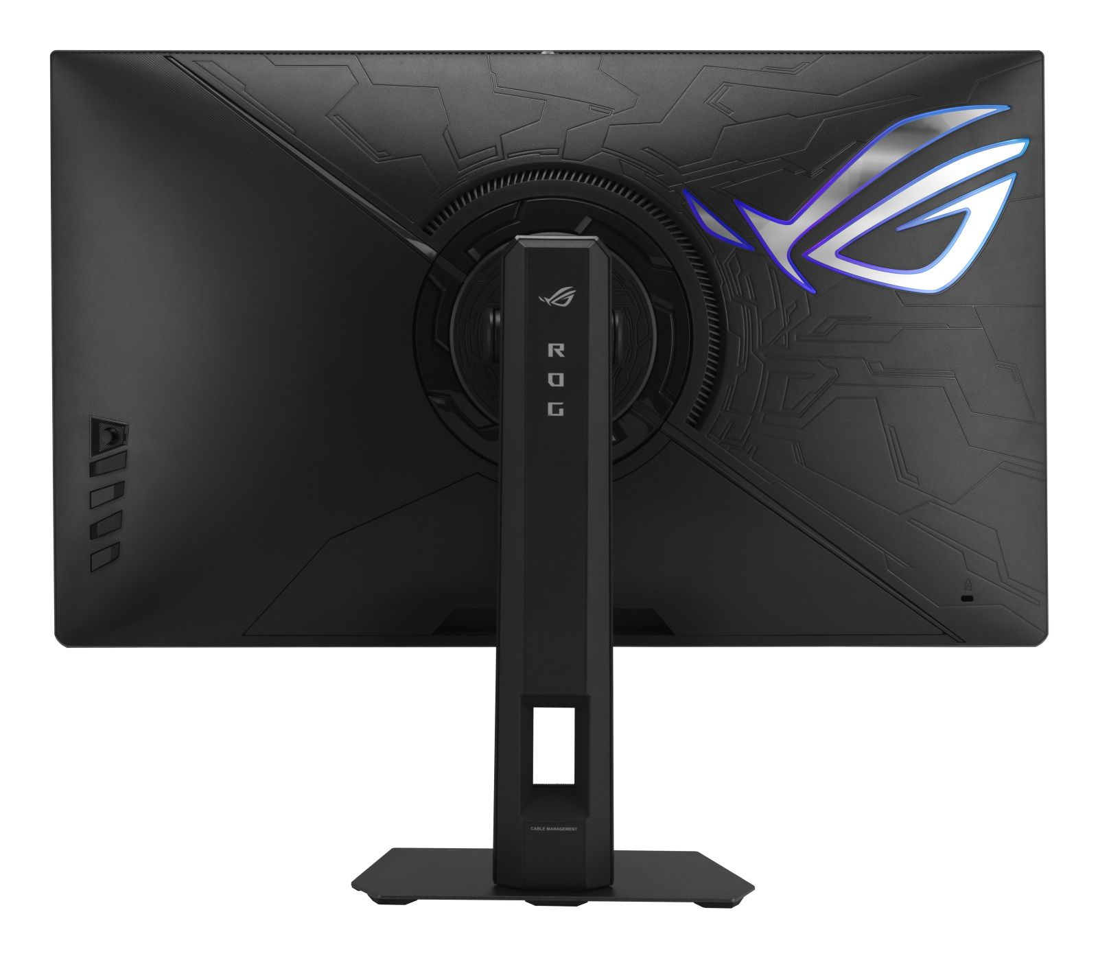 Tył czarnego monitora gamingowego z podświetlanym logo ROG i podstawką.