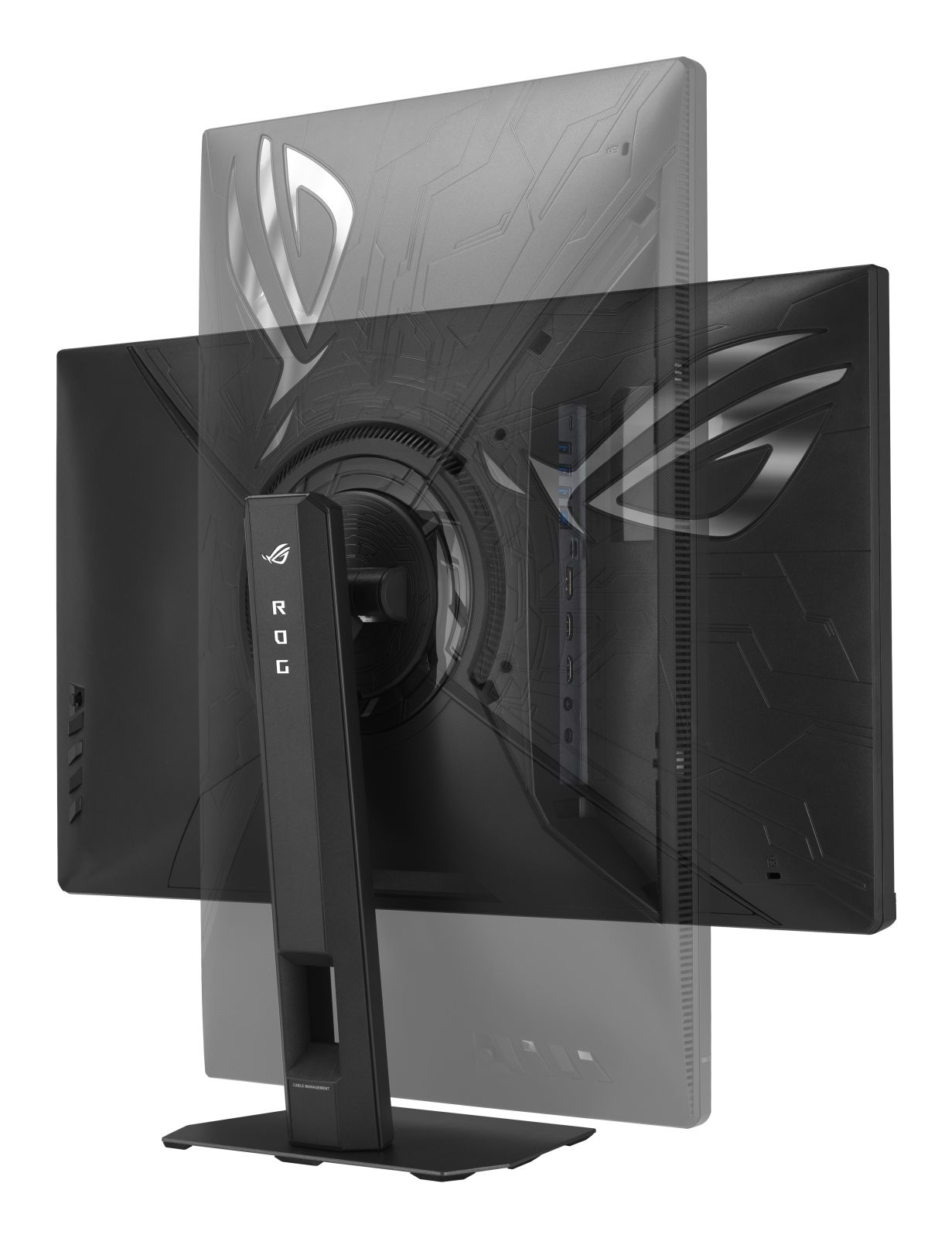 Tył czarnego monitora z logo ROG i portami.