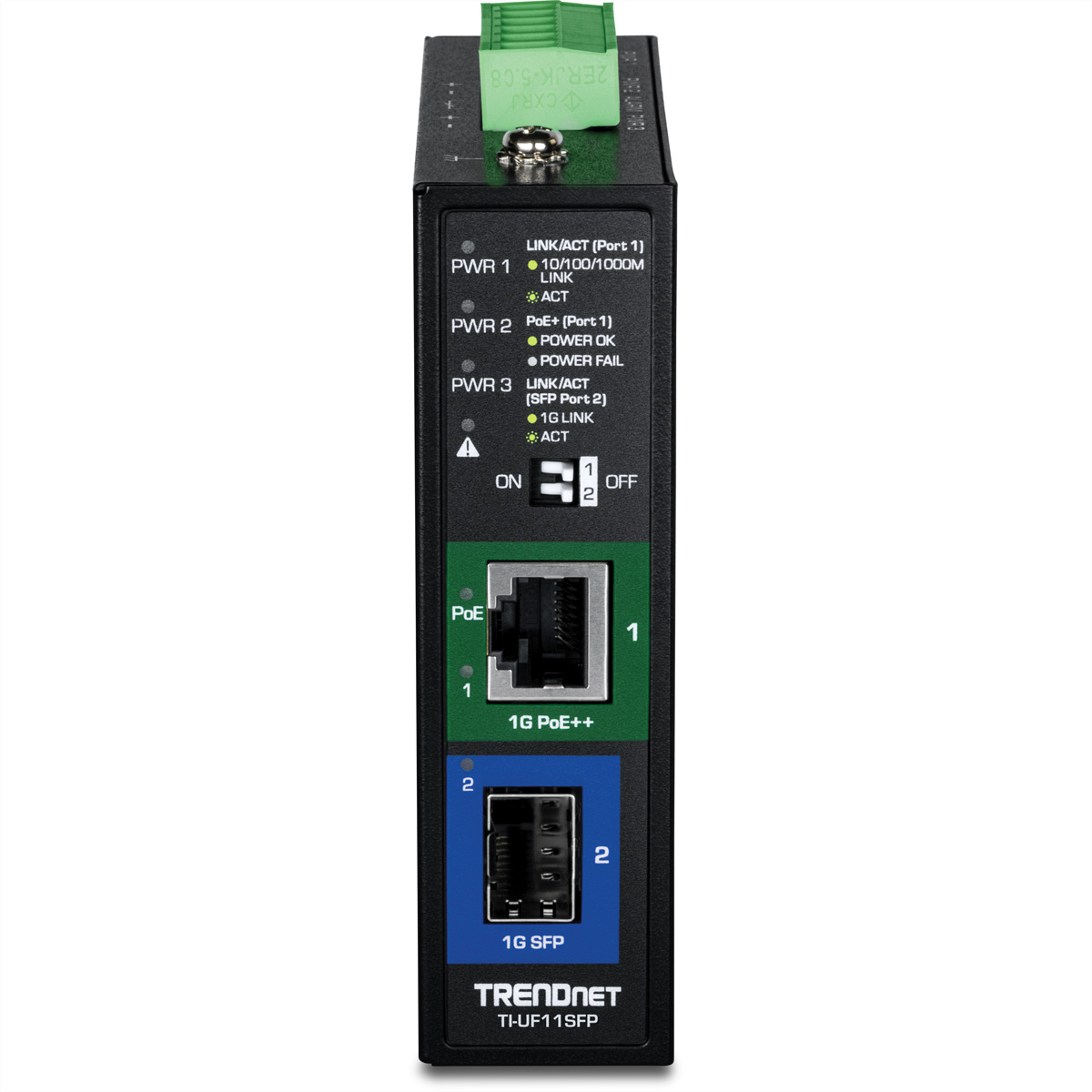 Ein schwarzes Trendnet TI-UF11SFP Netzwerkgerät mit PoE und SFP-Anschlüssen.