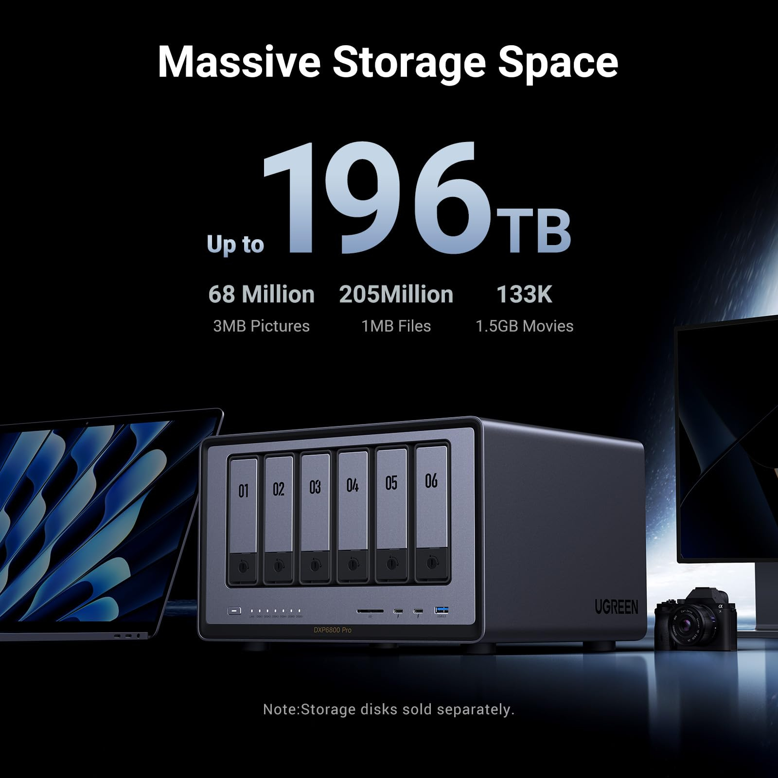 NAS UGREEN nero con 6 alloggiamenti, laptop, fotocamera e monitor. Fino a 196TB di storage.
