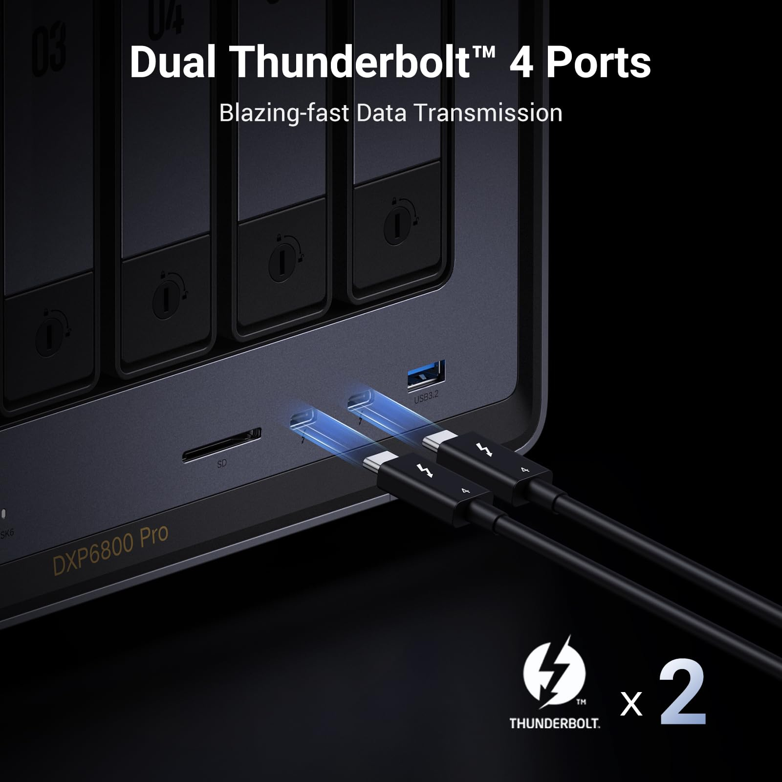 Due cavi Thunderbolt 4 collegati a DXP6800 Pro con porte SD e USB3.2.