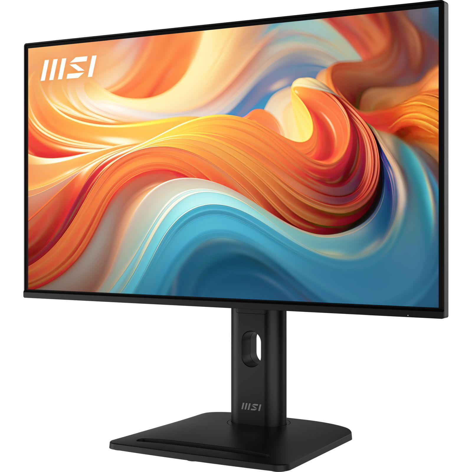 Czarny monitor MSI wyświetlający abstrakcyjną, kolorową tapetę.