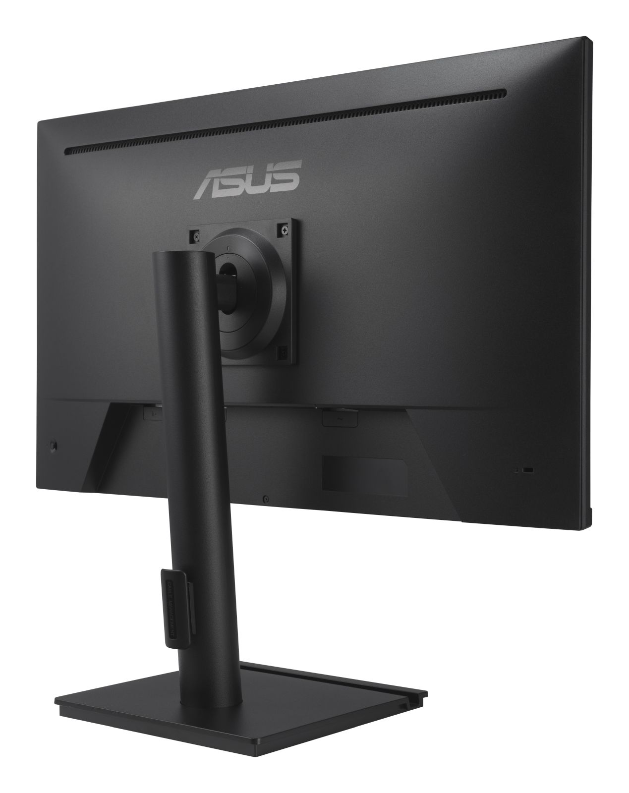 Tył czarnego monitora Asus ze stojakiem i zarządzaniem kablami.