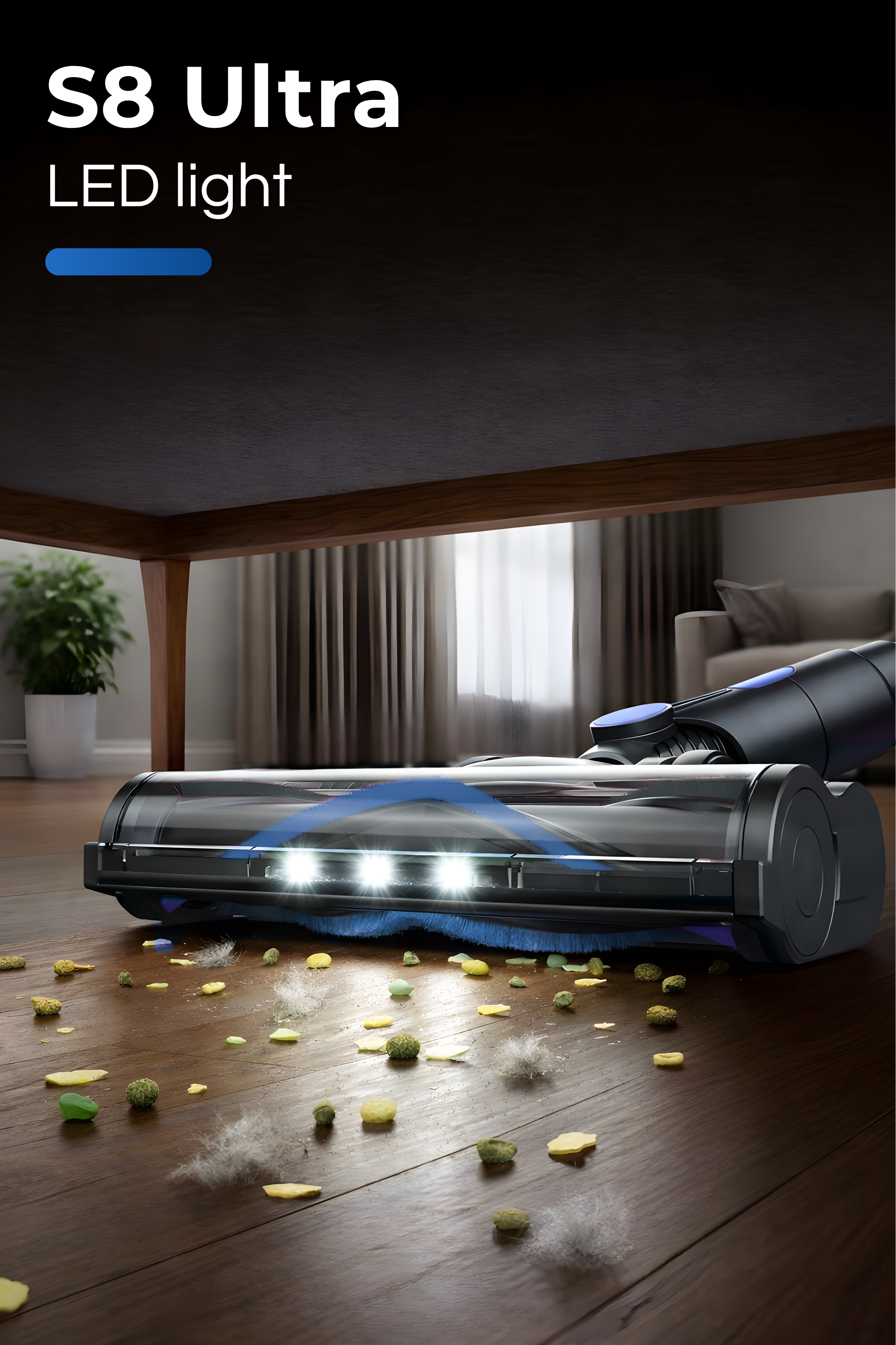 Vacuum cleaner head with LED light cleans wooden floor of debris.