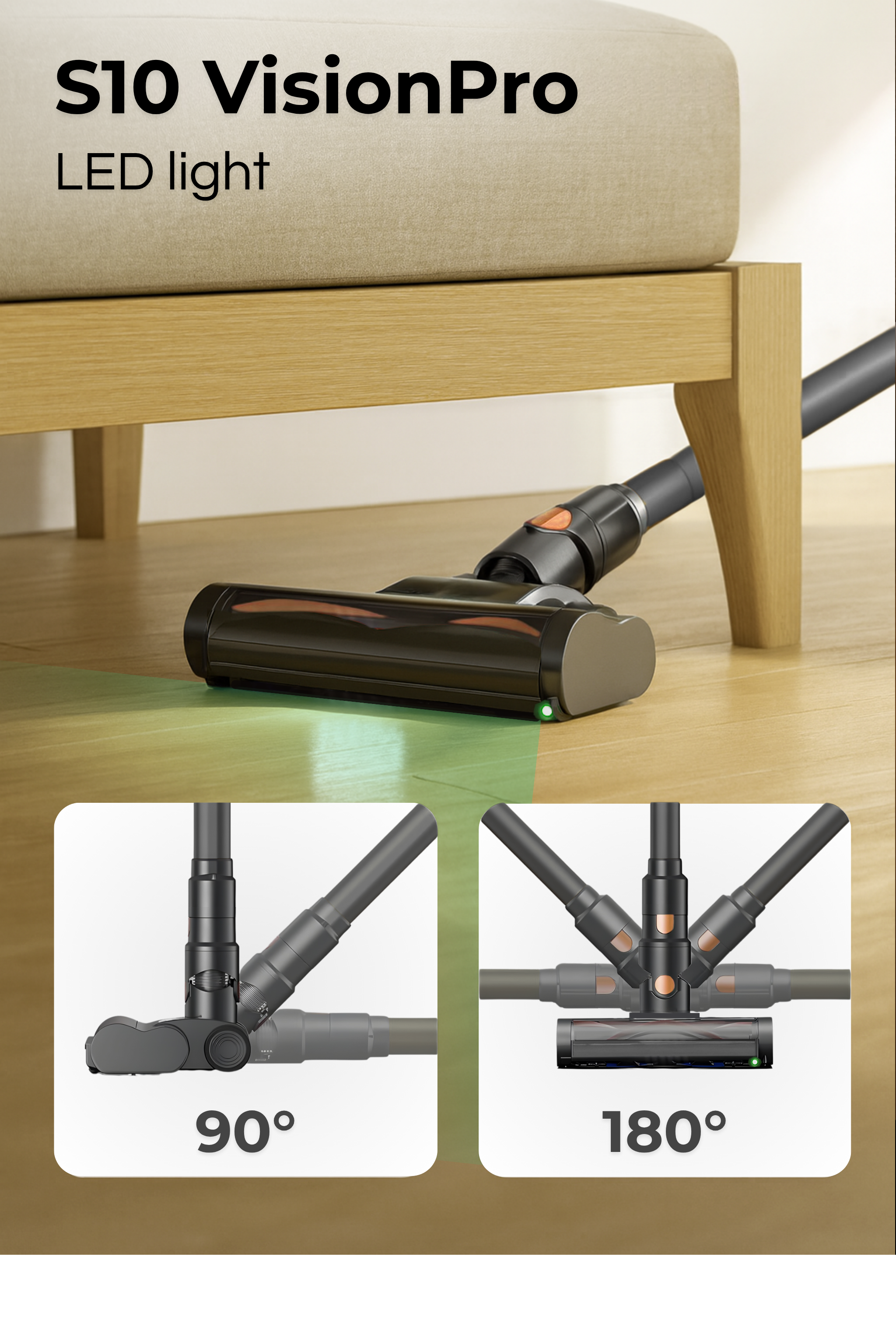 Vacuum cleaner head with LED light under a sofa, showing 90° and 180° views.