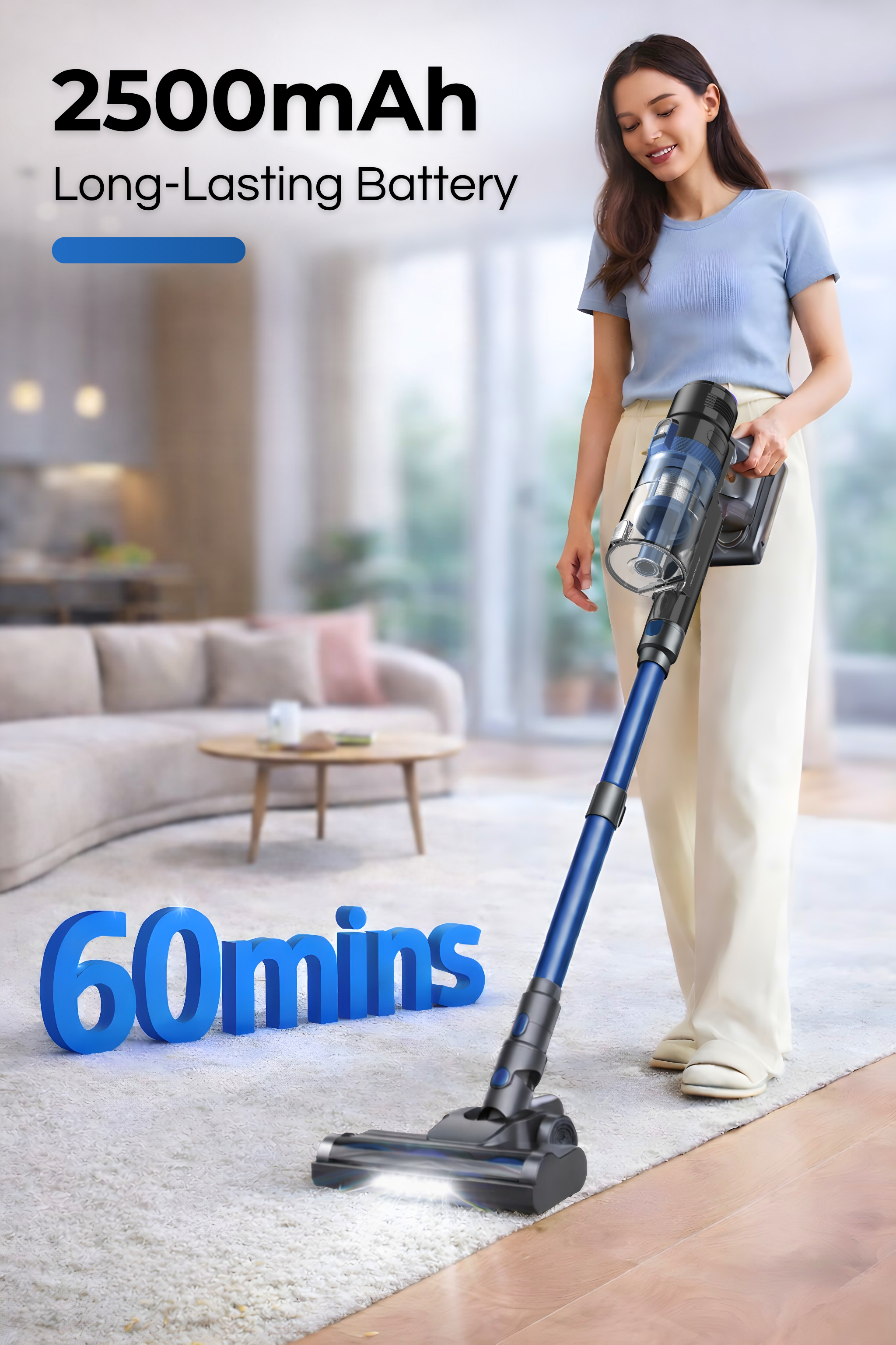Woman with vacuum, 2500mAh, 60 mins battery life, living room.