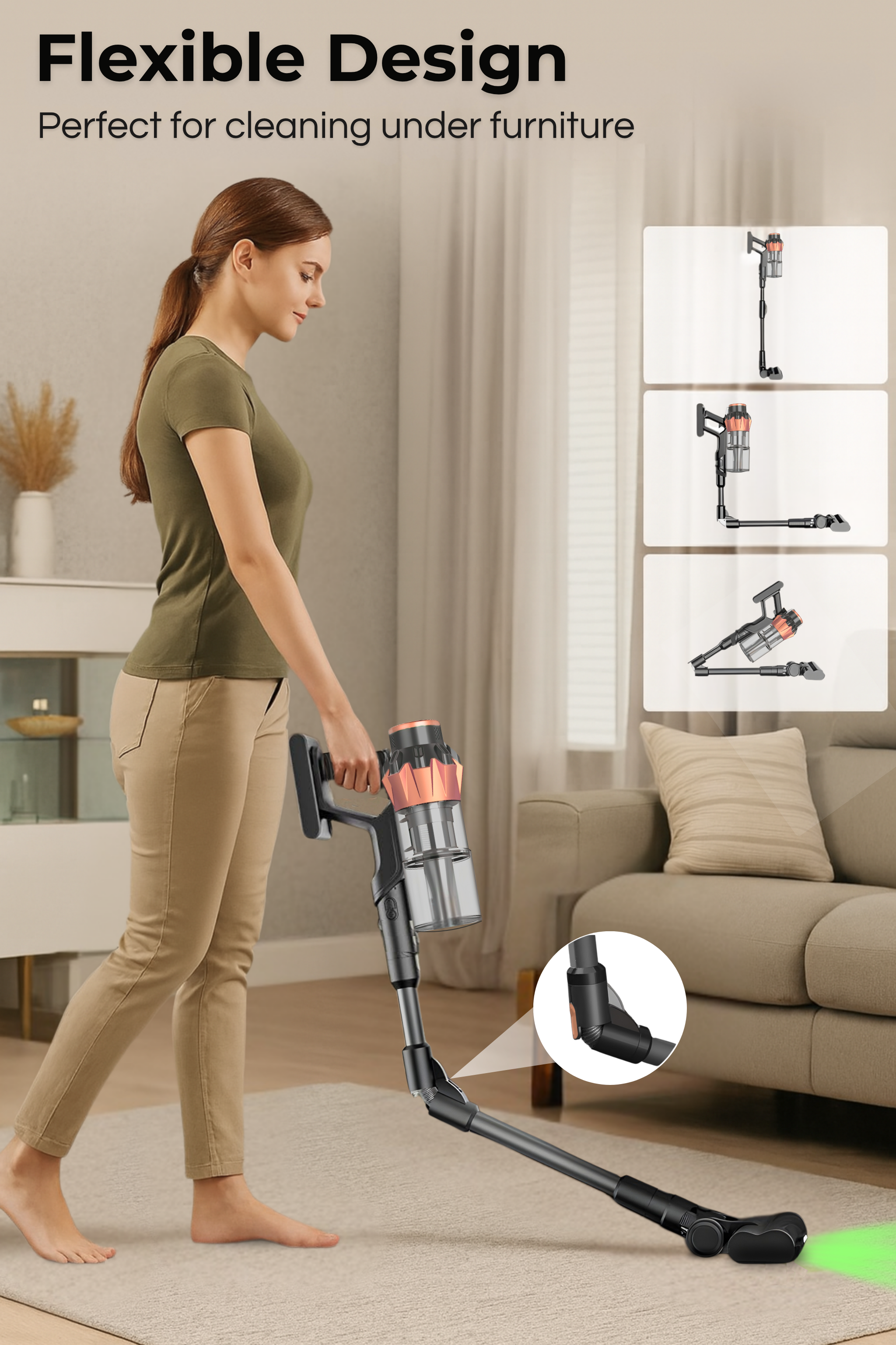 Woman vacuuming under furniture, showing the flexible hose attachment.