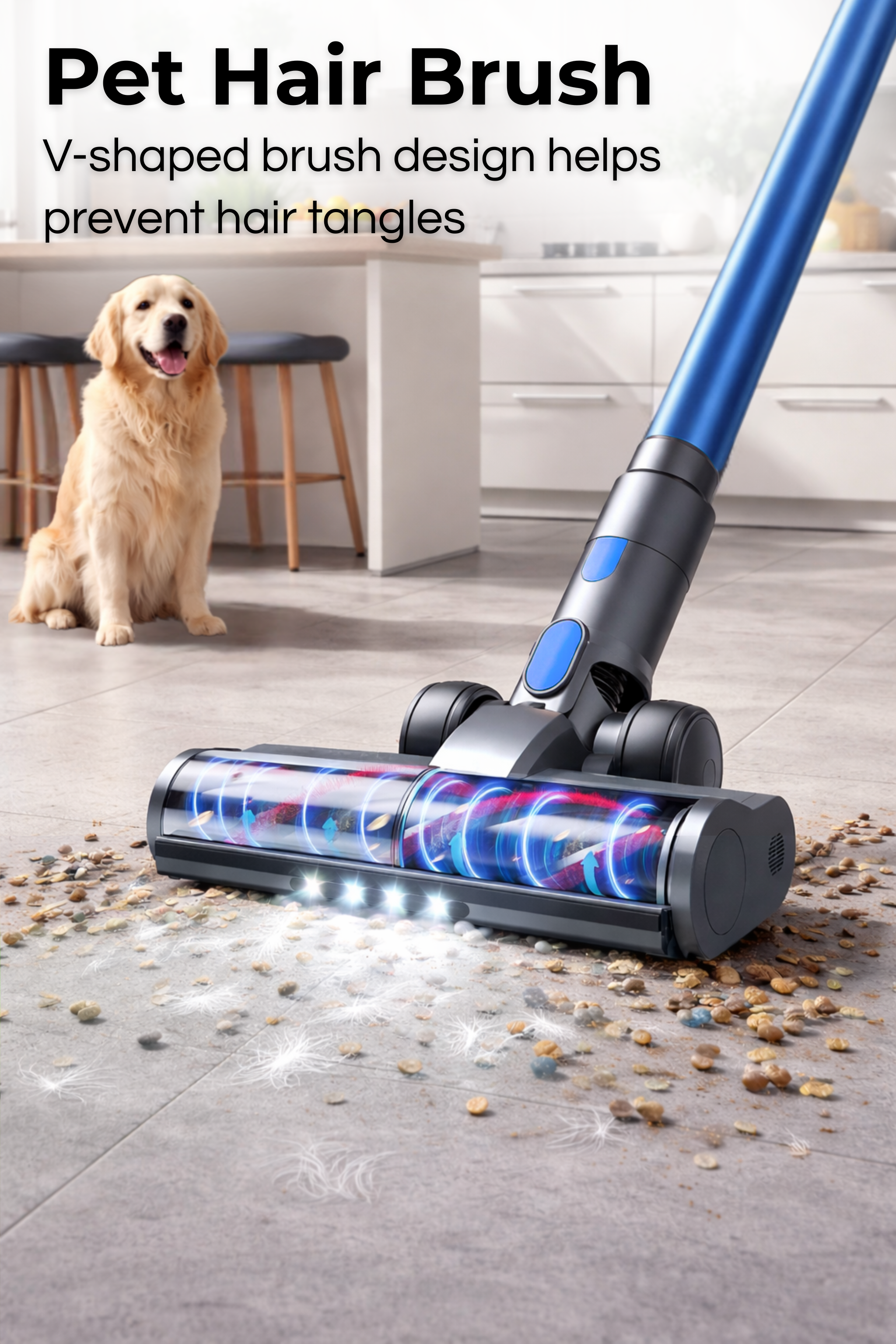 A golden retriever sits beside a blue vacuum cleaner sucking up debris.