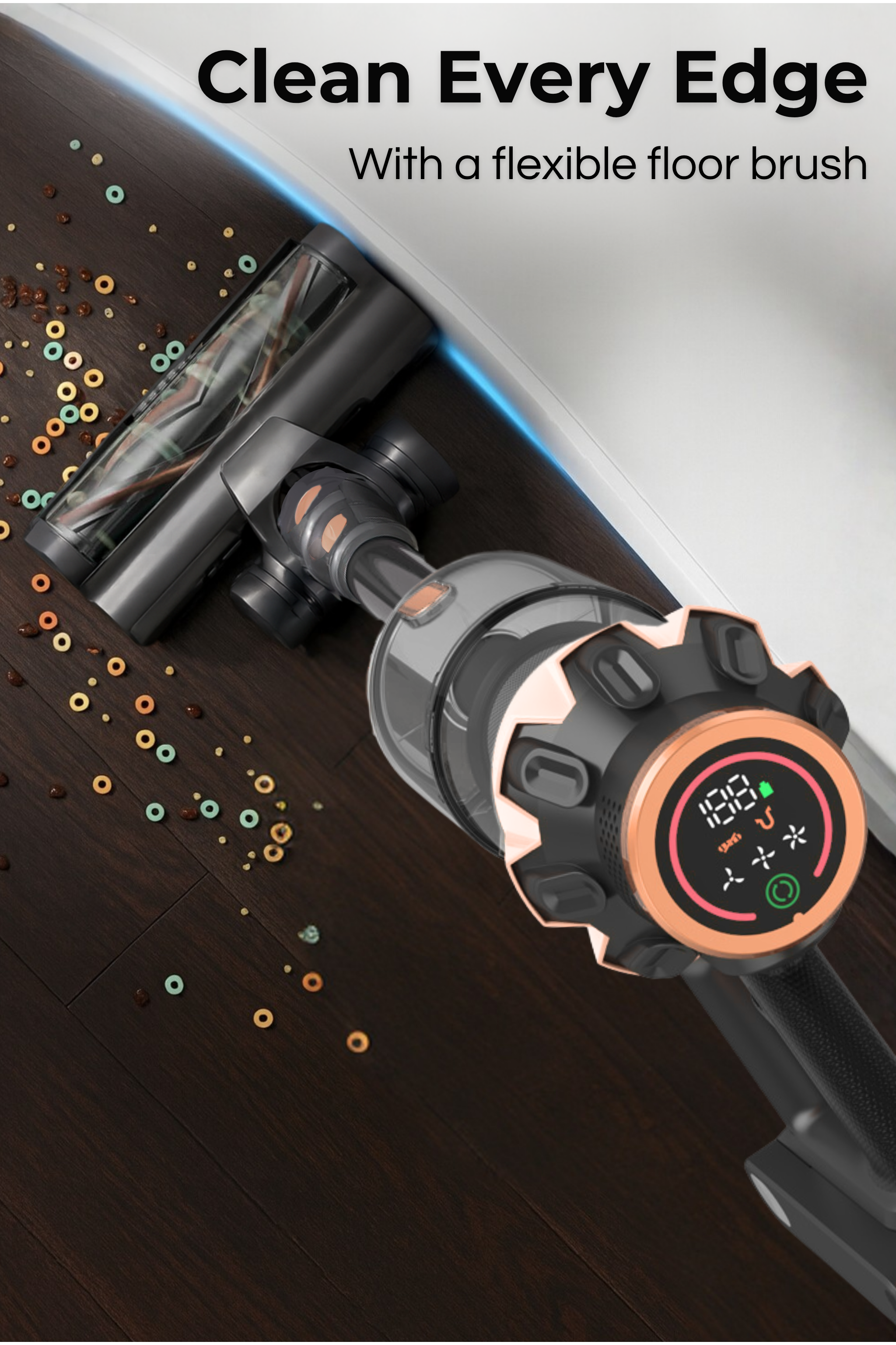 A vacuum cleaner cleans crumbs from a wooden floor, with a bright light strip.