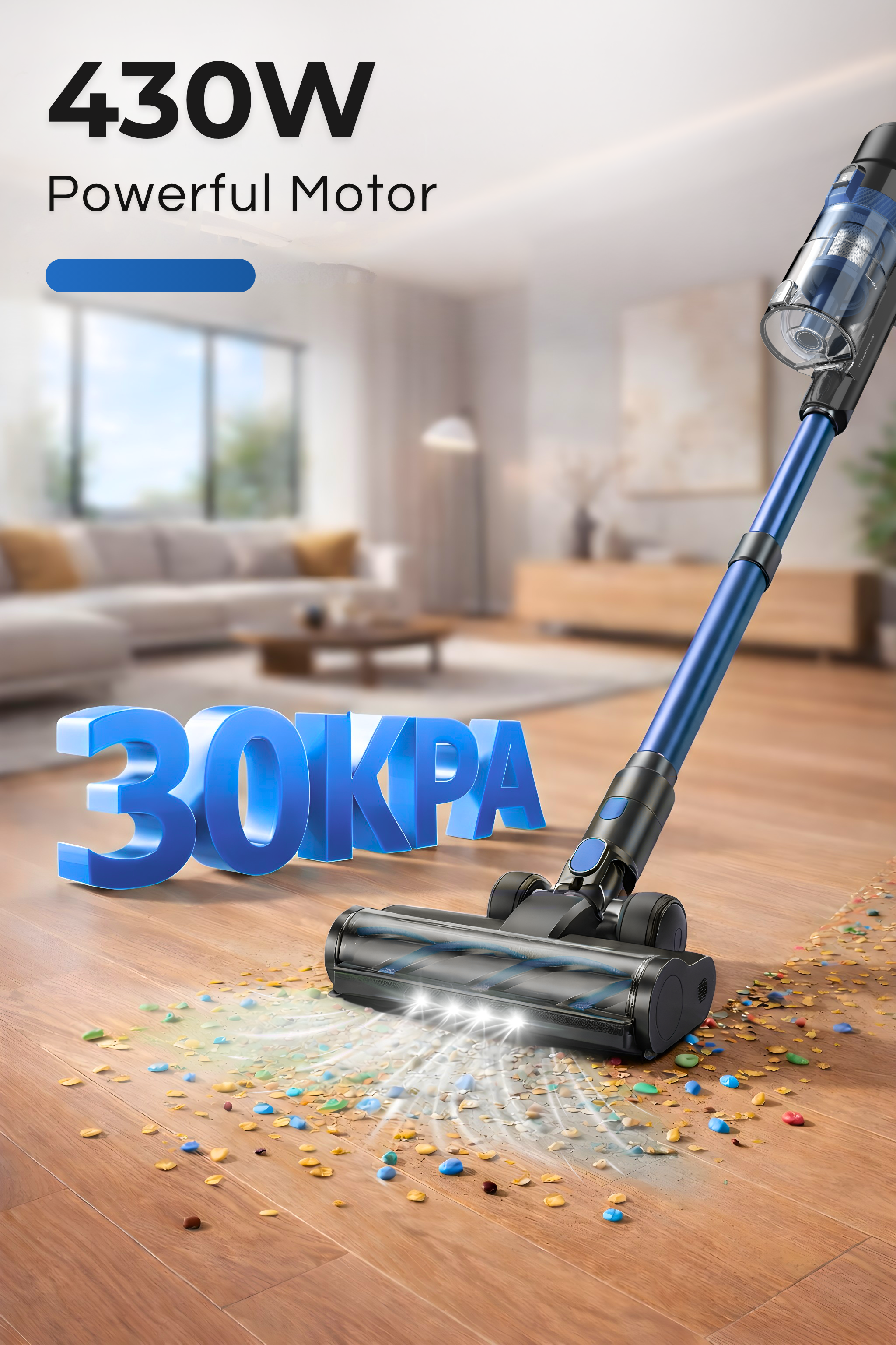 A blue cordless vacuum cleaner sucks up colorful debris from a wooden floor.