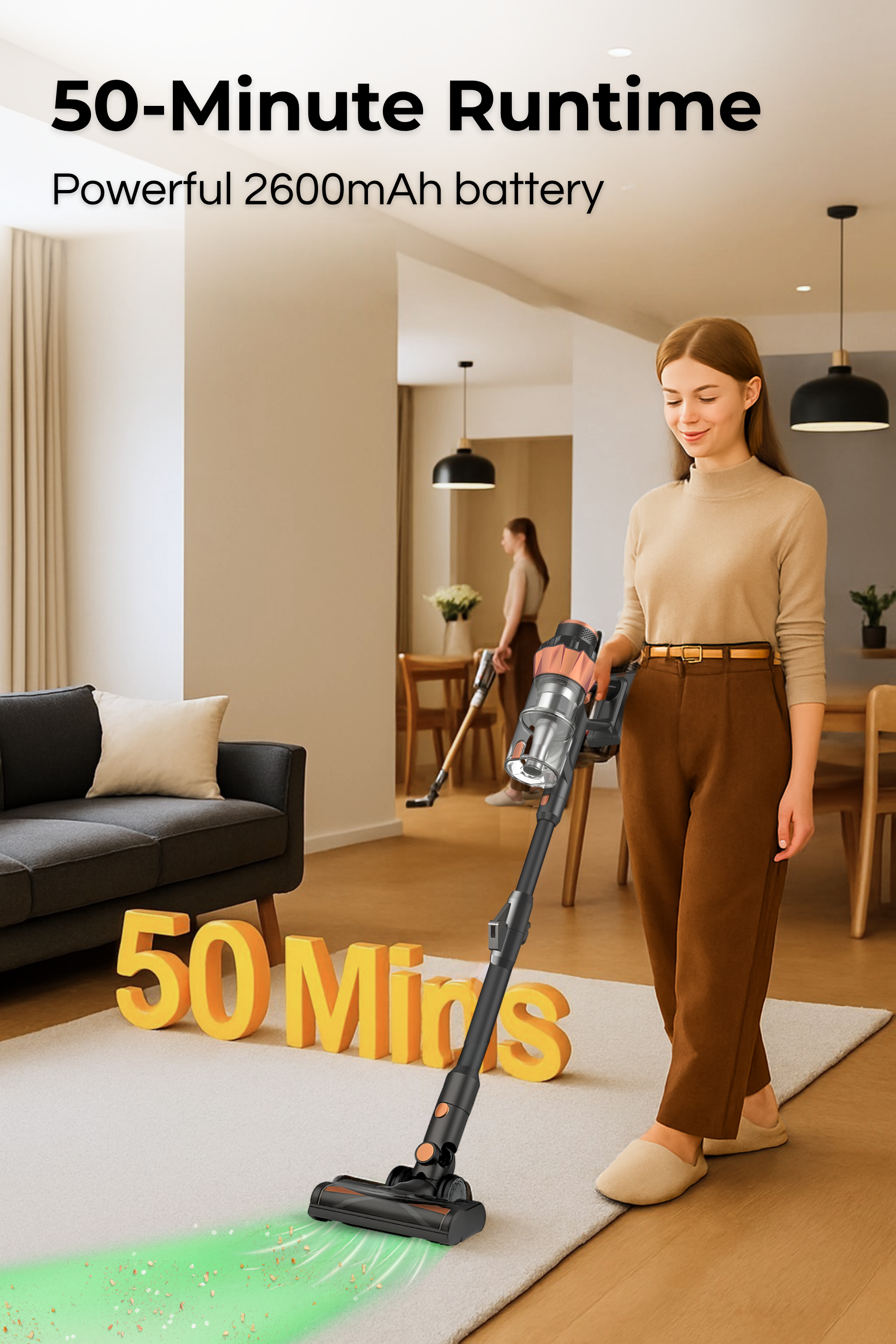 A woman uses a cordless vacuum in a living room with large yellow numbers.