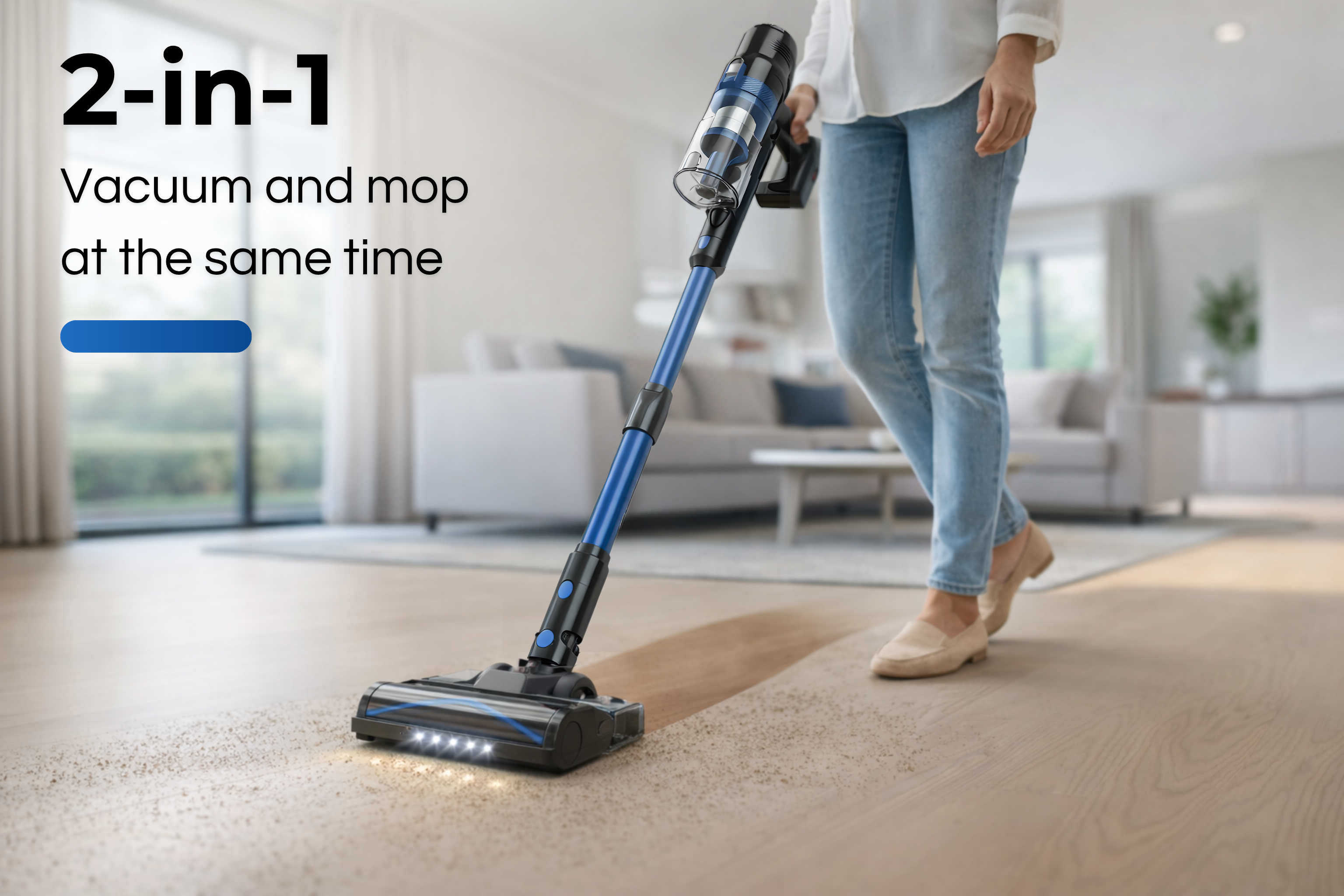 A person vacuums and mops simultaneously with a blue vacuum cleaner.