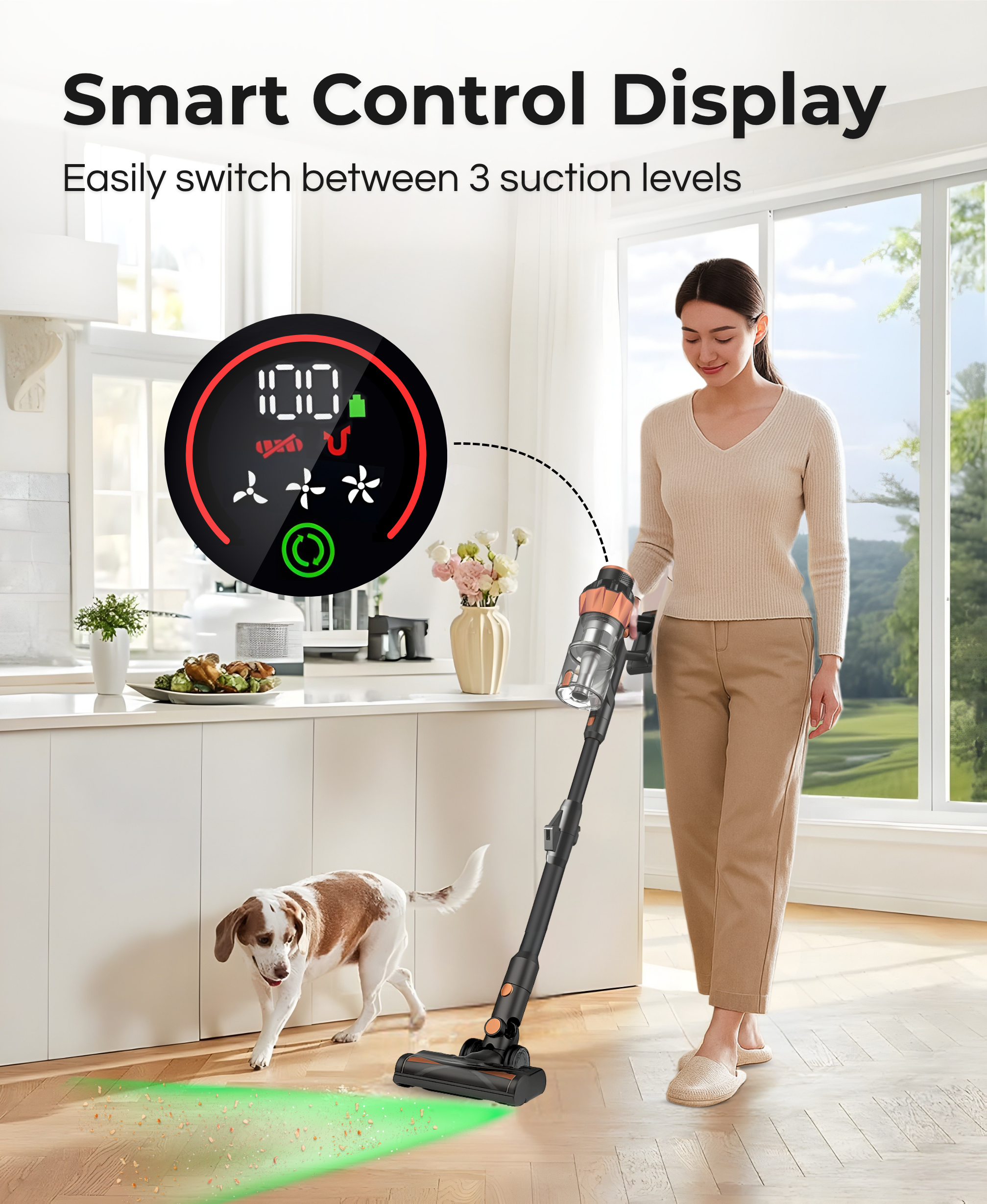 Woman with vacuum and dog in a bright room with display showing settings.