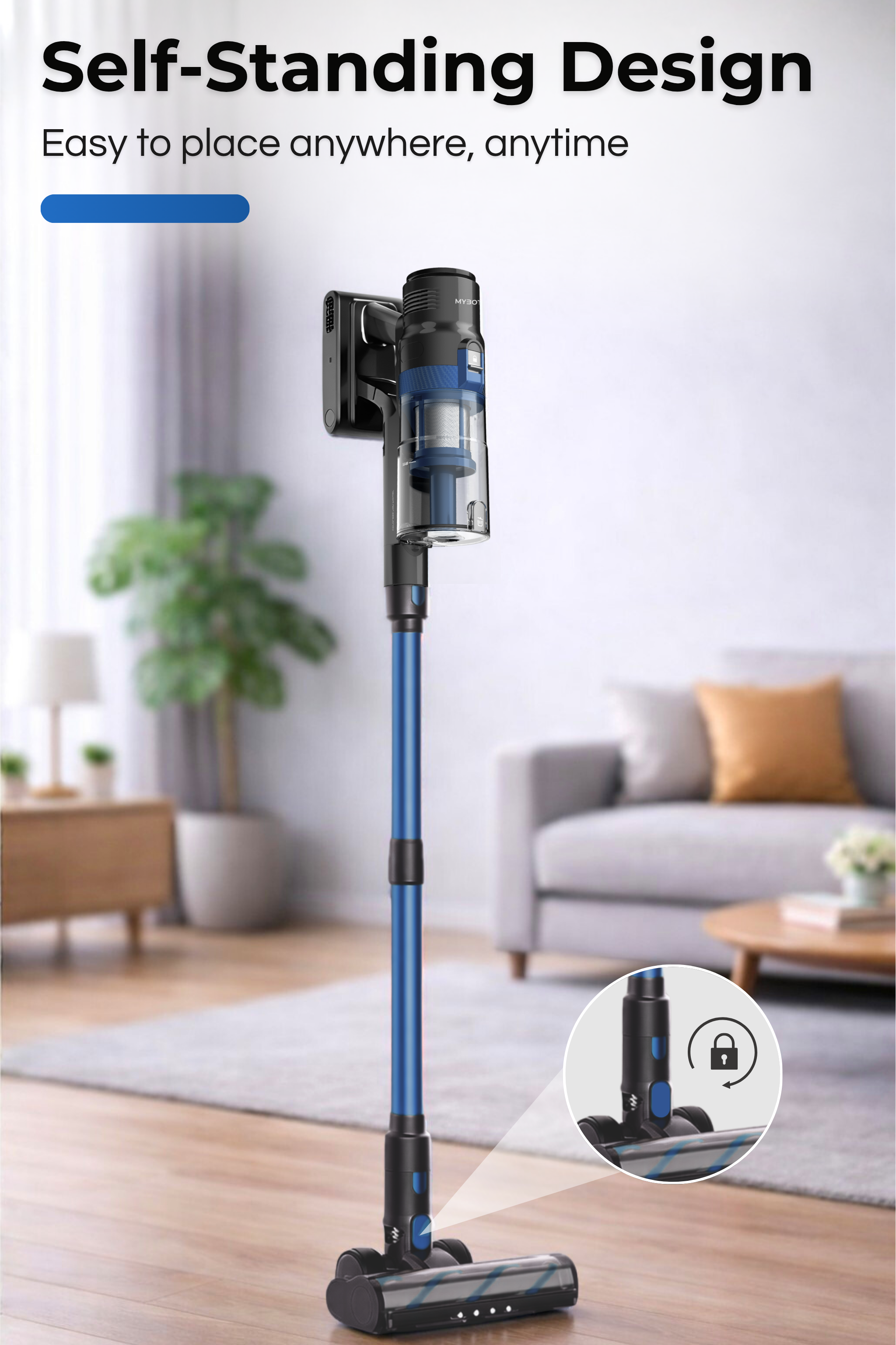 A blue cordless vacuum cleaner stands on a wooden floor, with a sofa nearby.