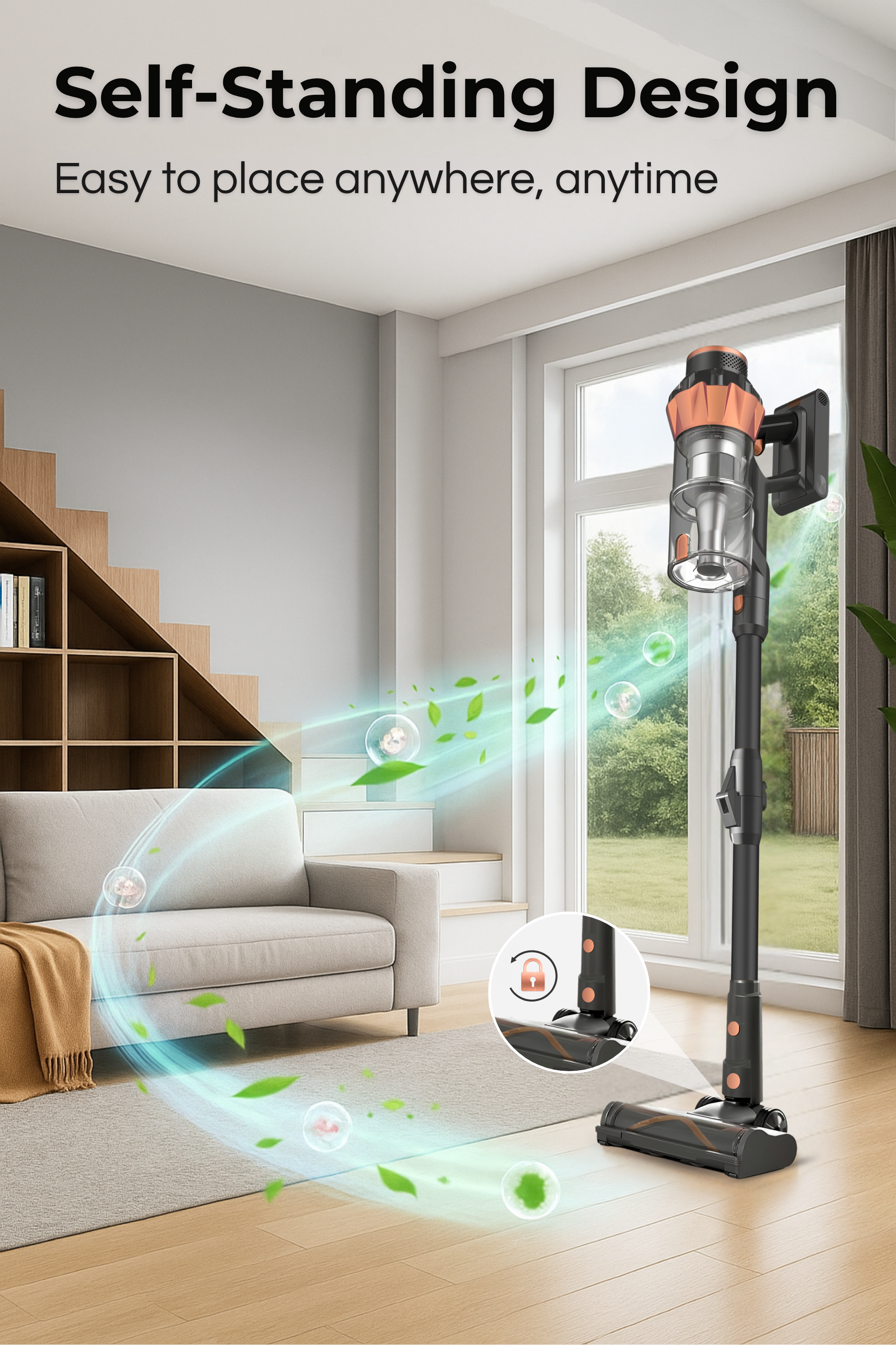 A black and orange vacuum cleaner stands on a wooden floor in a living room.