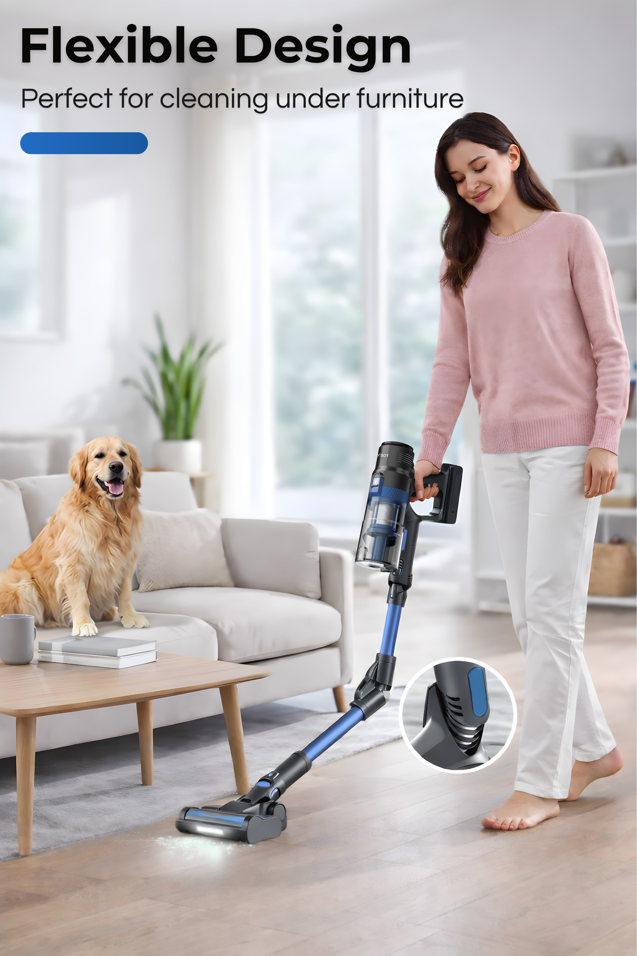 A woman vacuums a wooden floor with a blue vacuum cleaner; a dog sits on the sofa.