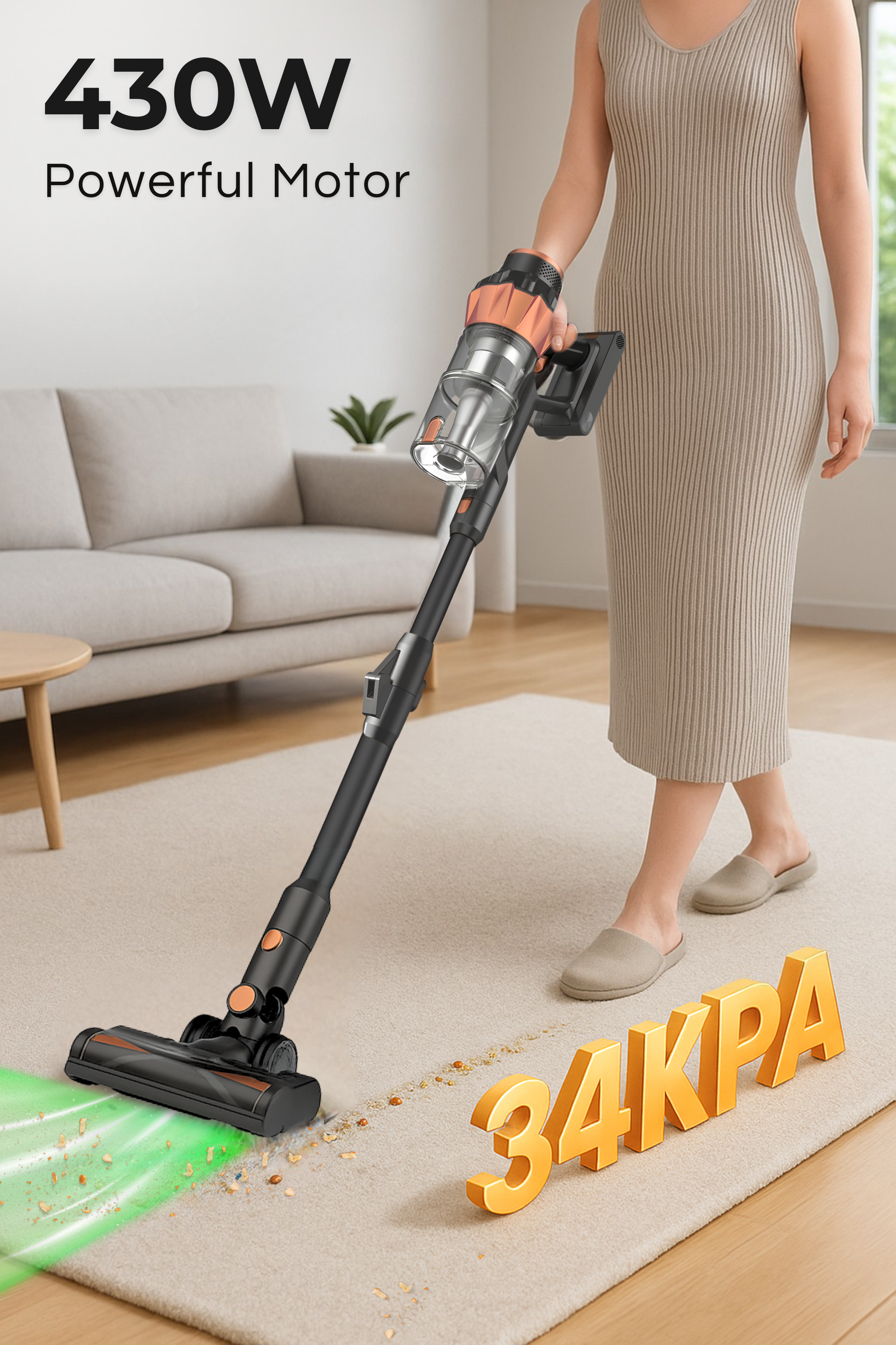 A person vacuums debris on a carpet with a cordless vacuum cleaner.