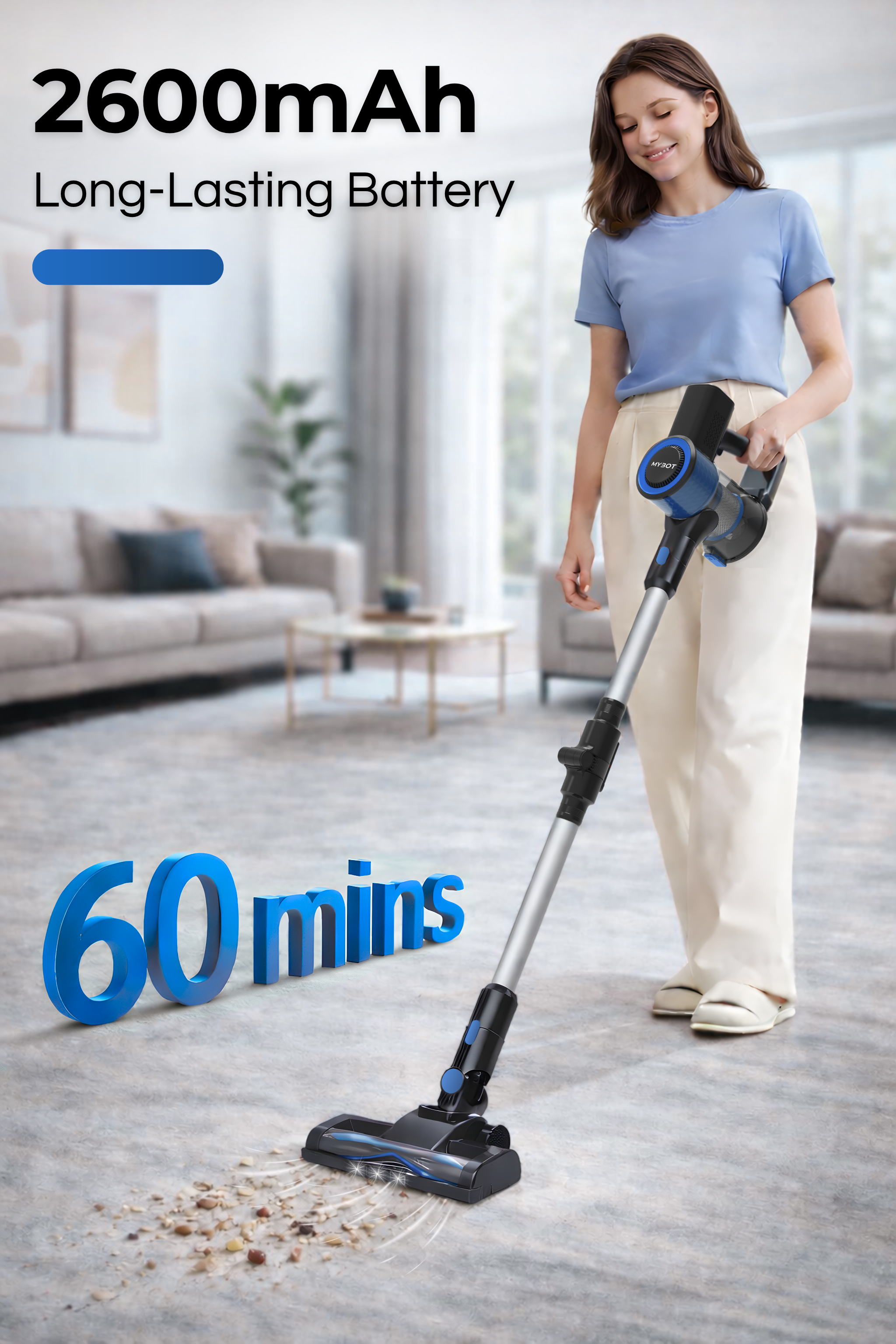 Woman using a cordless vacuum to clean a carpeted floor with furniture in the background.
