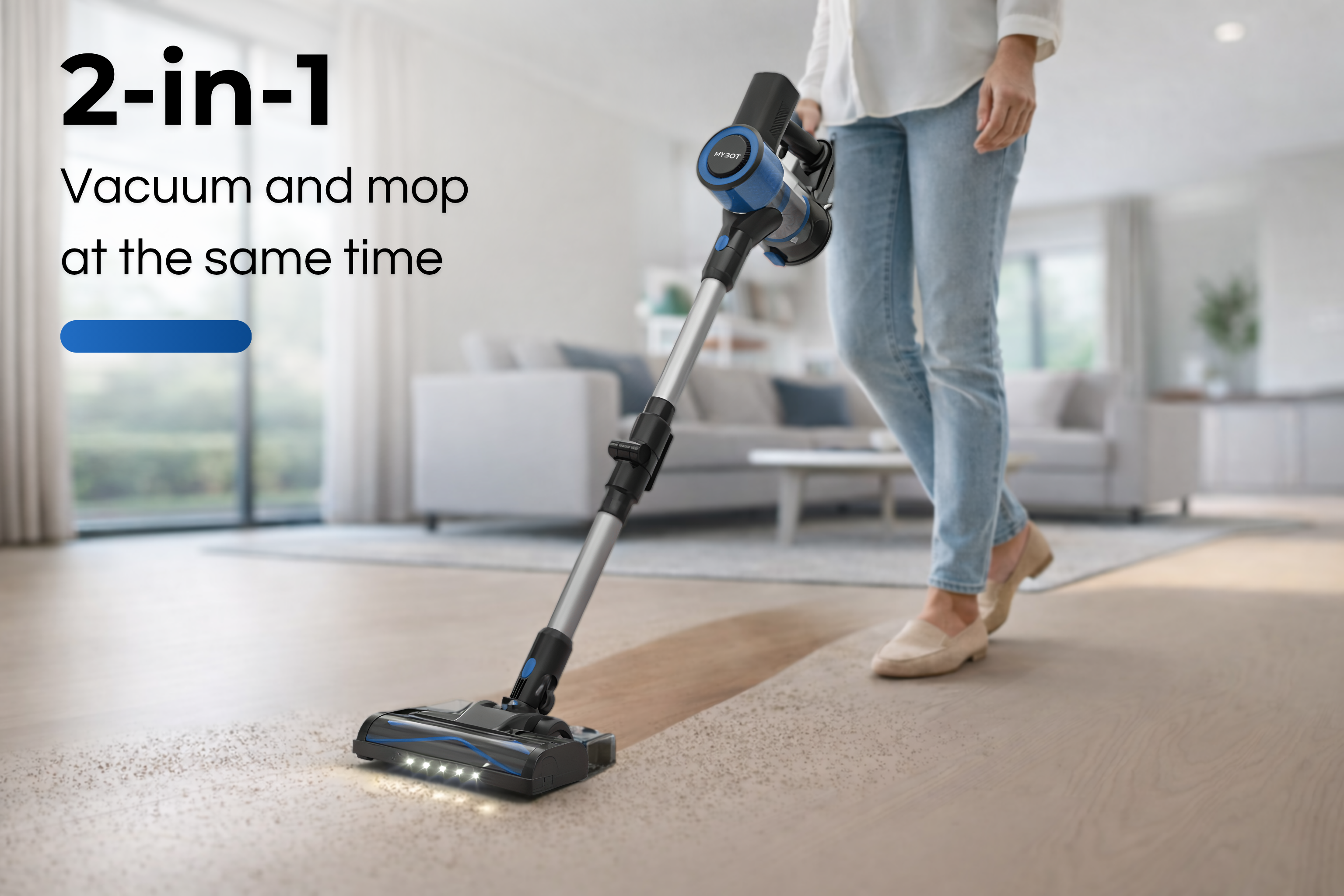 A person vacuums and mops a carpet with a blue and black vacuum cleaner.