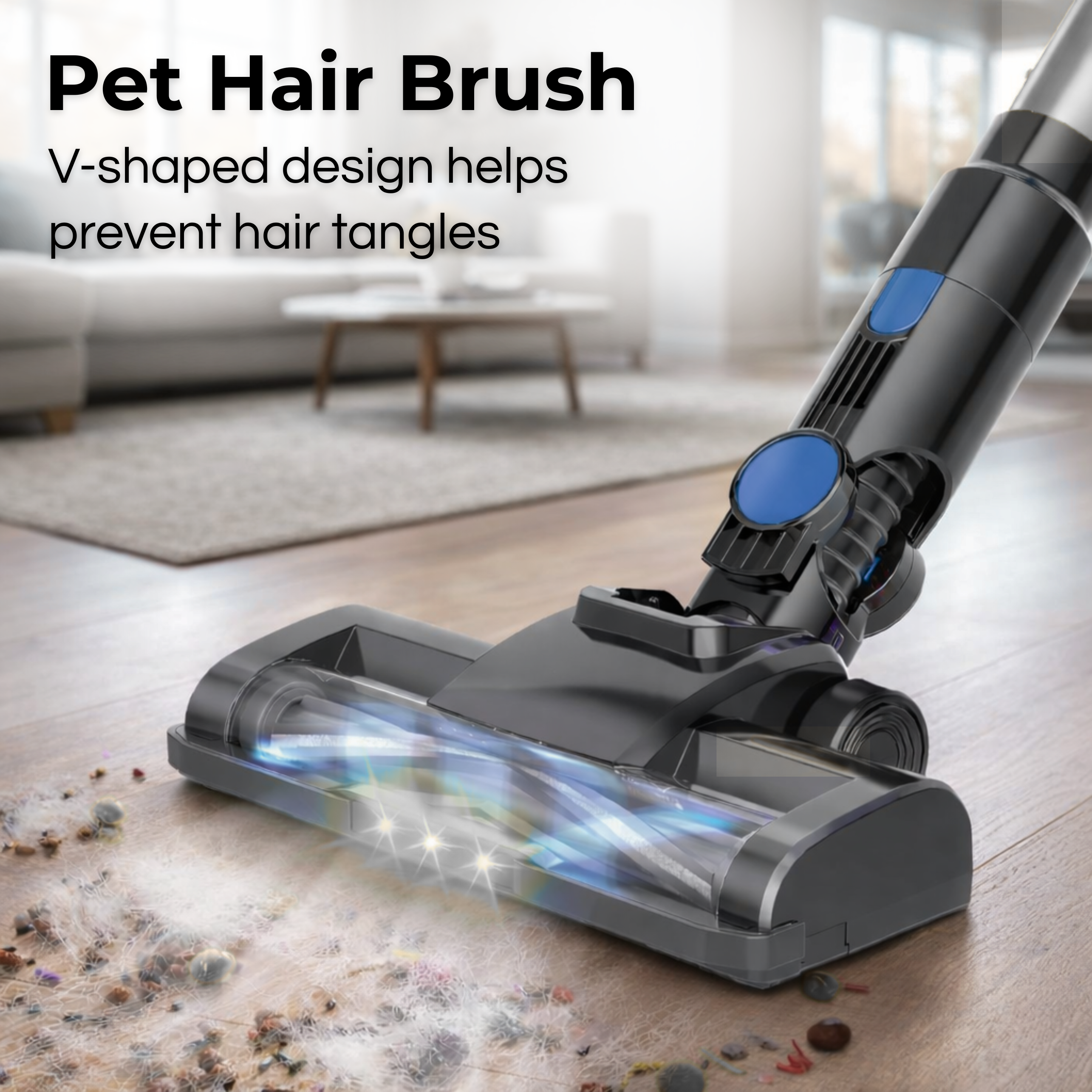 A vacuum cleaner head with a V-shaped brush rolls over debris on a wooden floor.