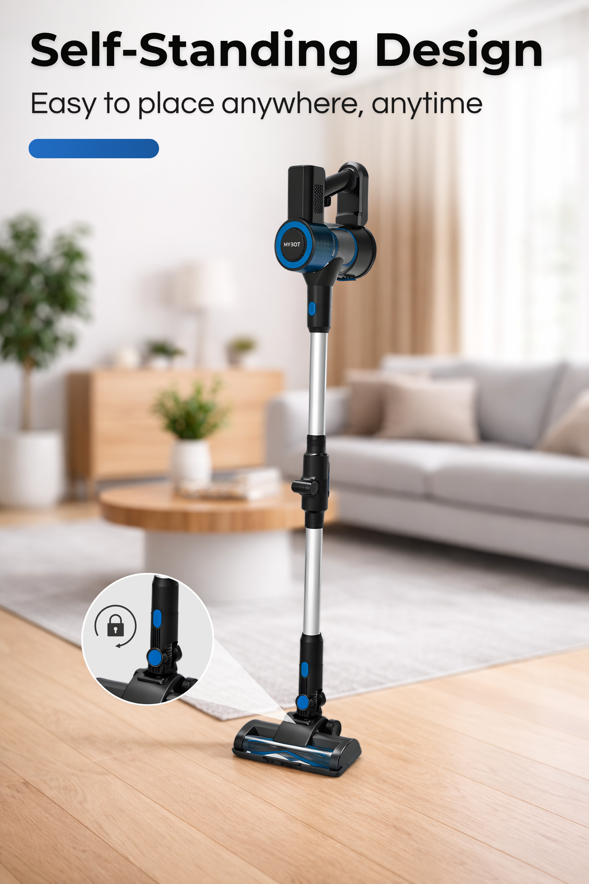 A blue and black cordless vacuum cleaner stands on a wooden floor in a living room.