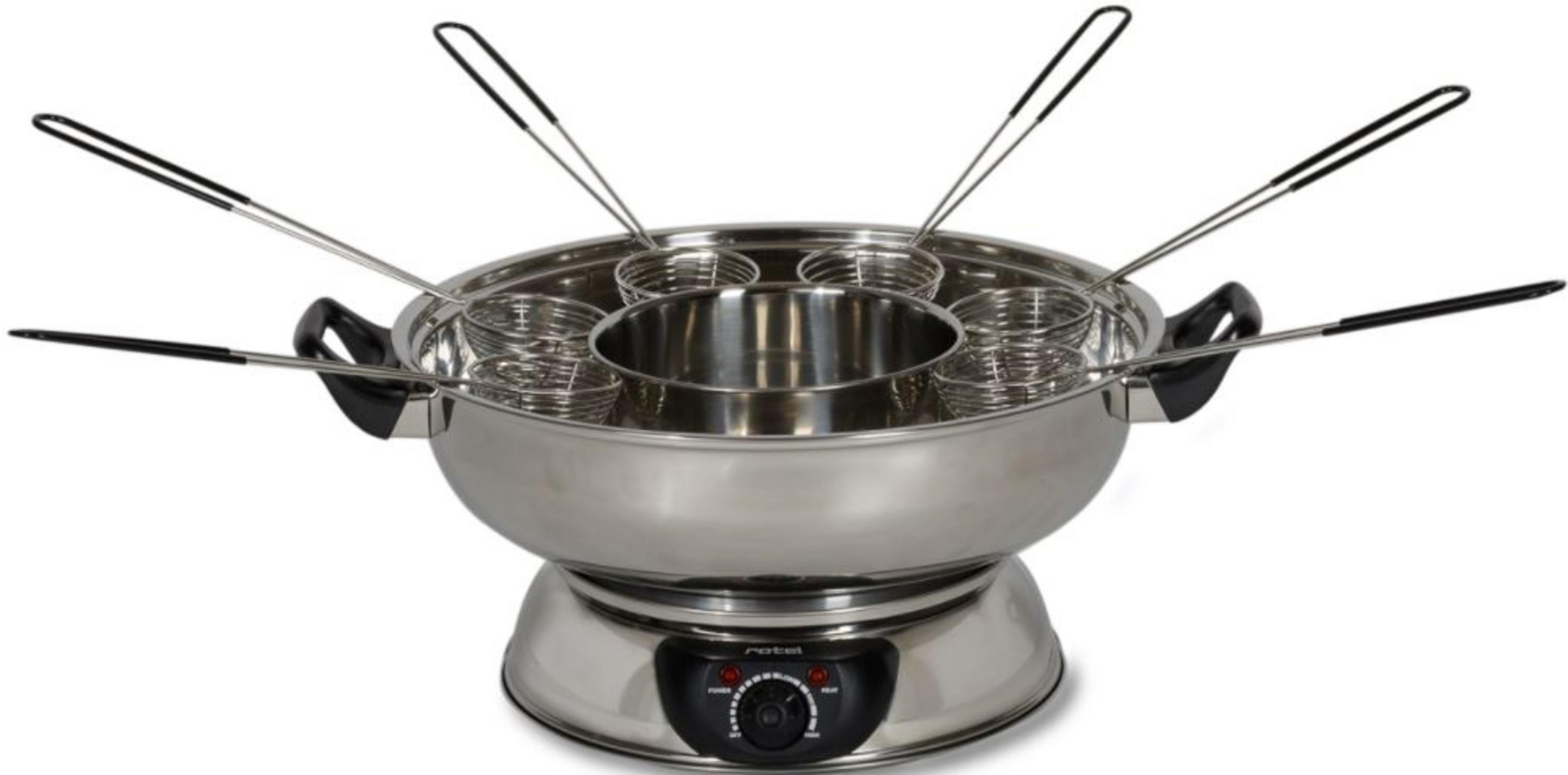 Edelstahl-Fondue-Set mit Heizbasis, mehreren Körben und Griffen.