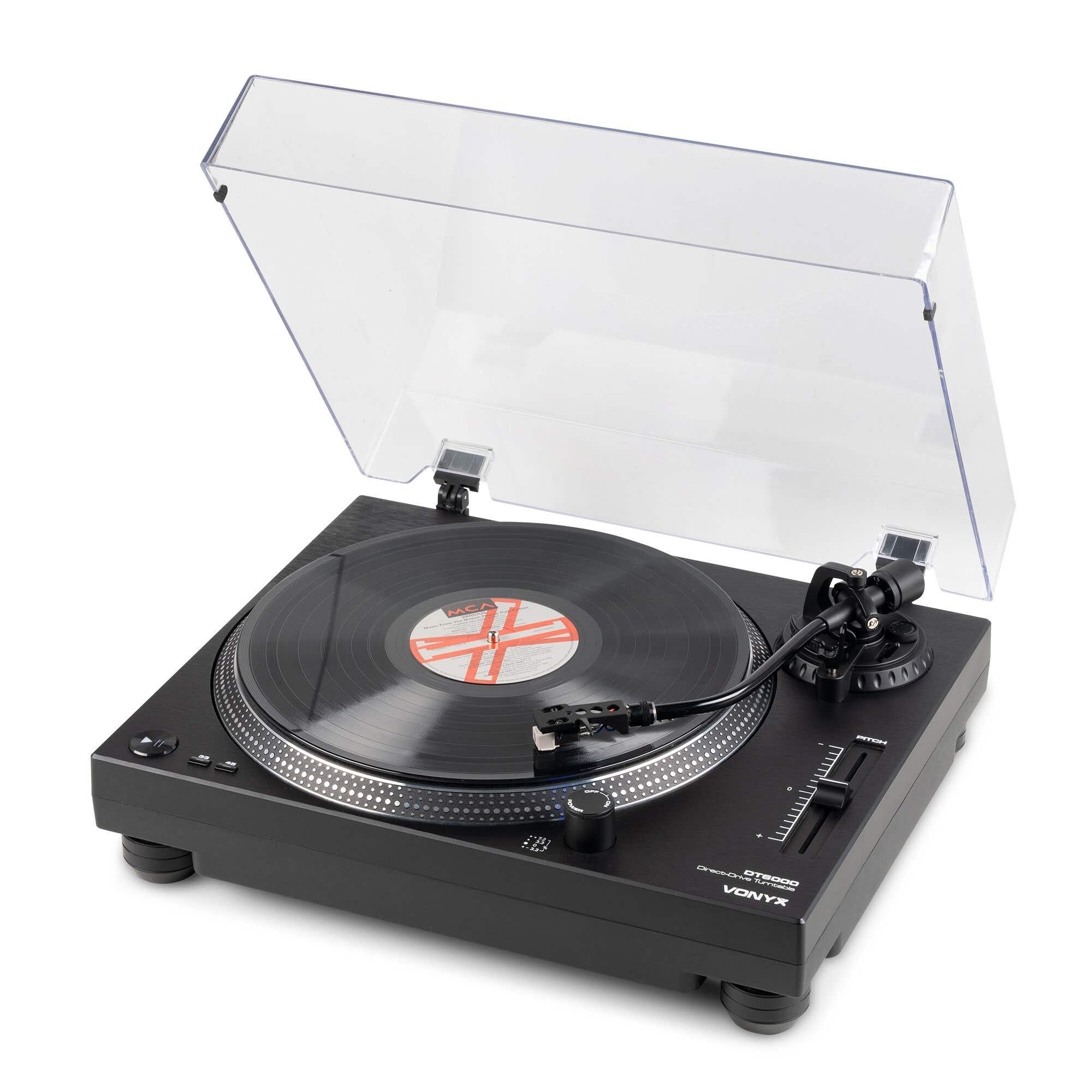 Tocadiscos negro con disco de vinilo y tapa antipolvo.