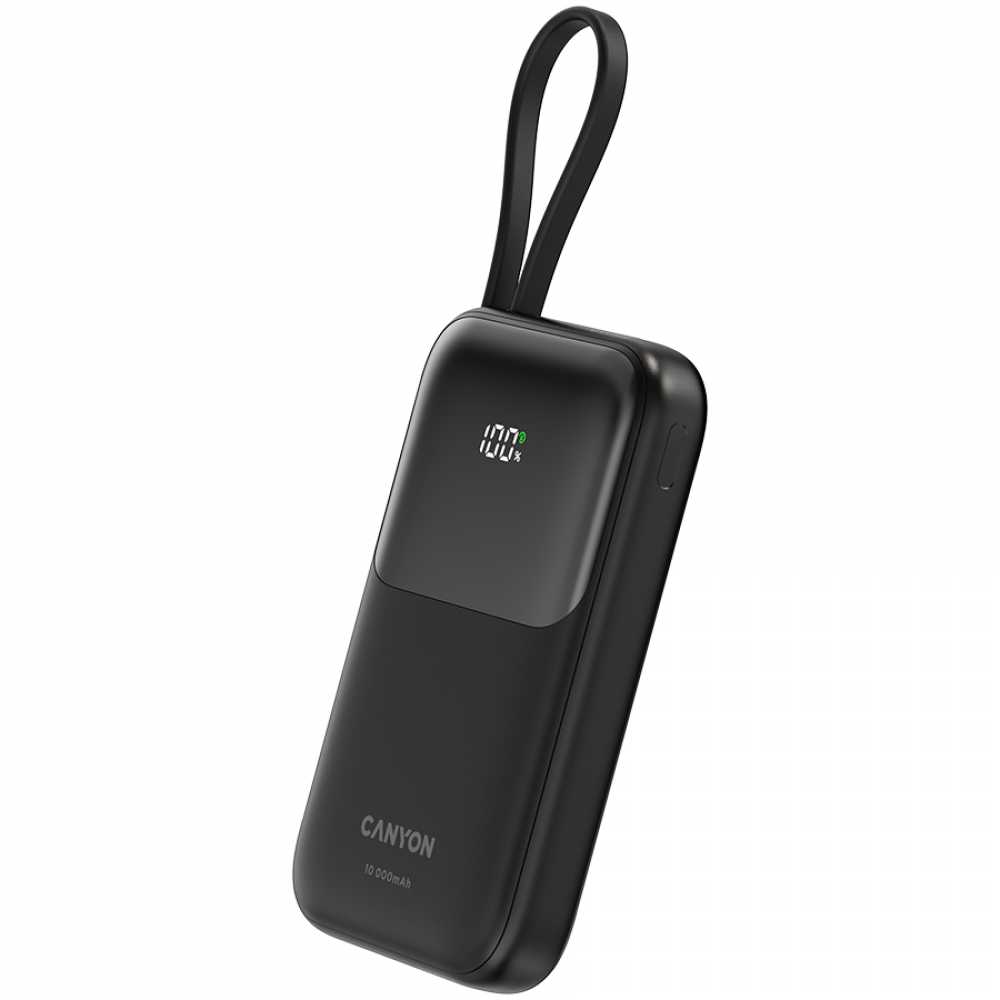 Czarny power bank Canyon pokazujący 100% naładowania z pętelką.