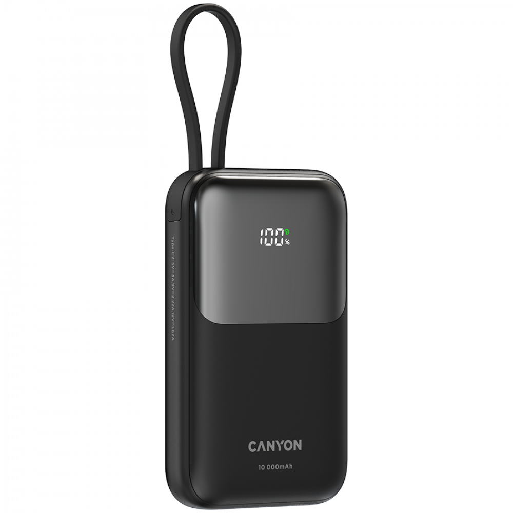 Czarny power bank Canyon 10.000 mAh, pokazuje 100% naładowania.