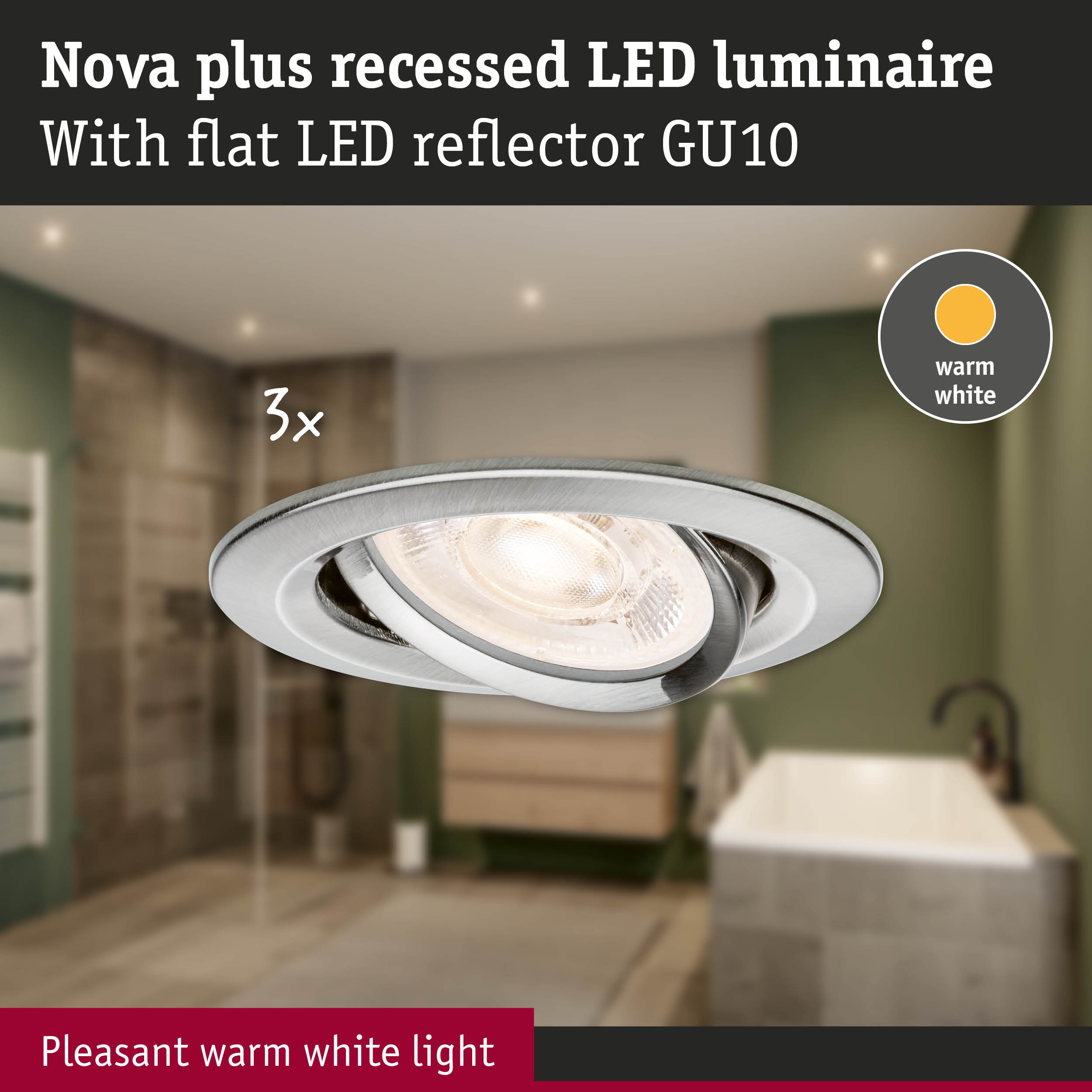 Lampa LED wpuszczana o ciepłym białym świetle, 3x, w łazience.