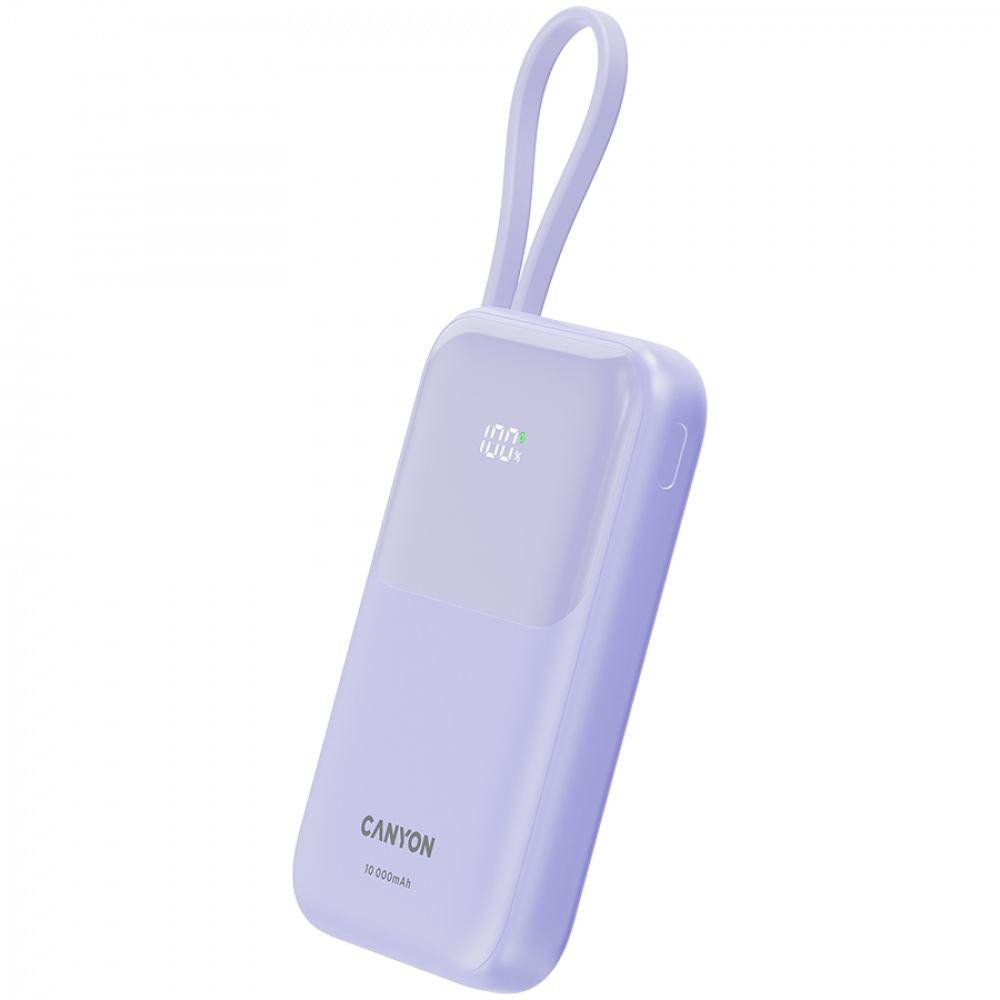 Lawendowy power bank Canyon 10 000 mAh ze wskaźnikiem 100%.
