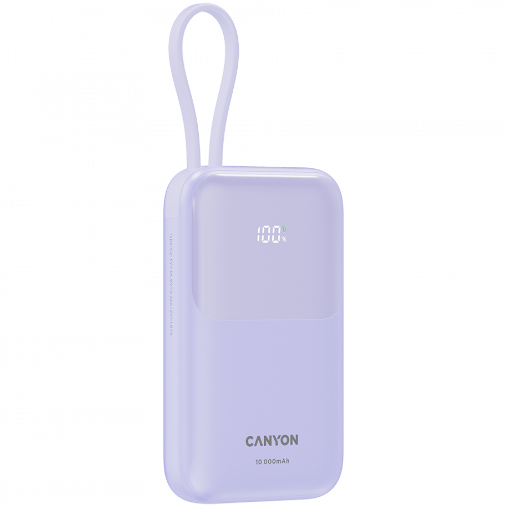 Fioletowy power bank ze wskaźnikiem 100% i pętelką.