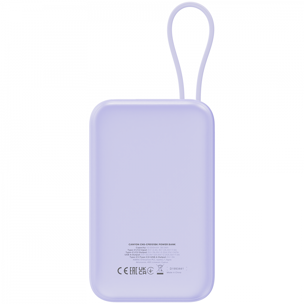 Fioletowy power bank z pętlą i specyfikacją techniczną.