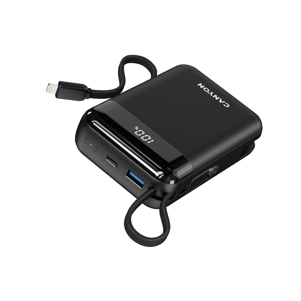Czarna powerbank Canyon z kablem USB-C, wyświetla 100% naładowania.