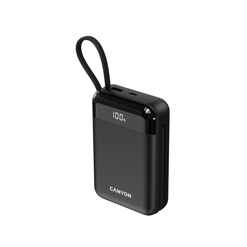 Czarny power bank Canyon ze wskaźnikiem 100% i paskiem.