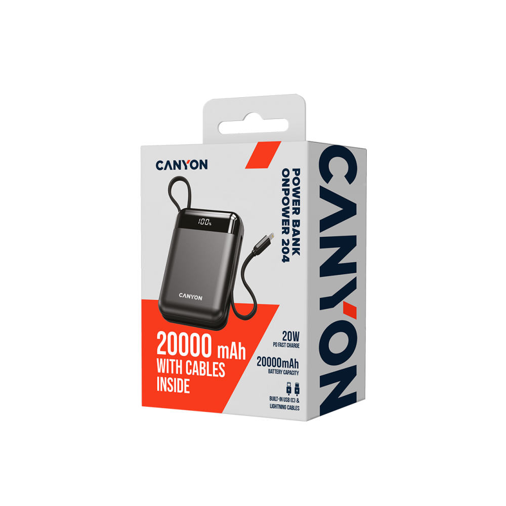 Szara powerbanka Canyon 20000 mAh z kablami w pudełku.